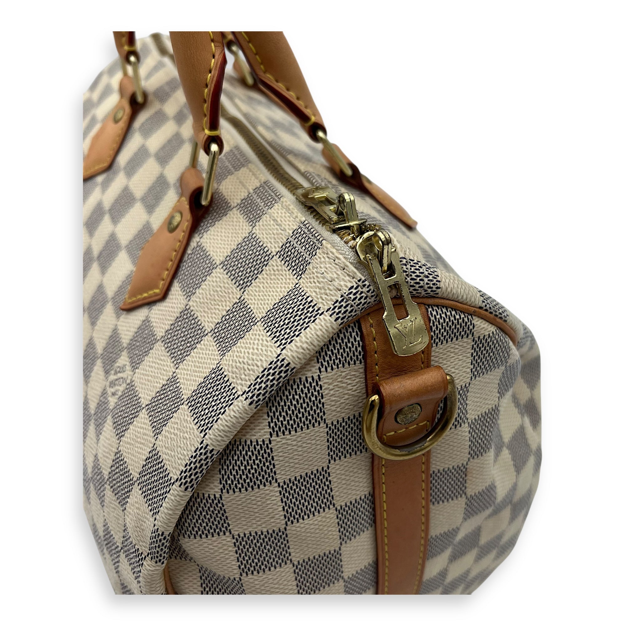 Speedy Bandouliere 30 Damier Azur Top Handle Bag in Coated Canvas, Gold hardware - Image 9