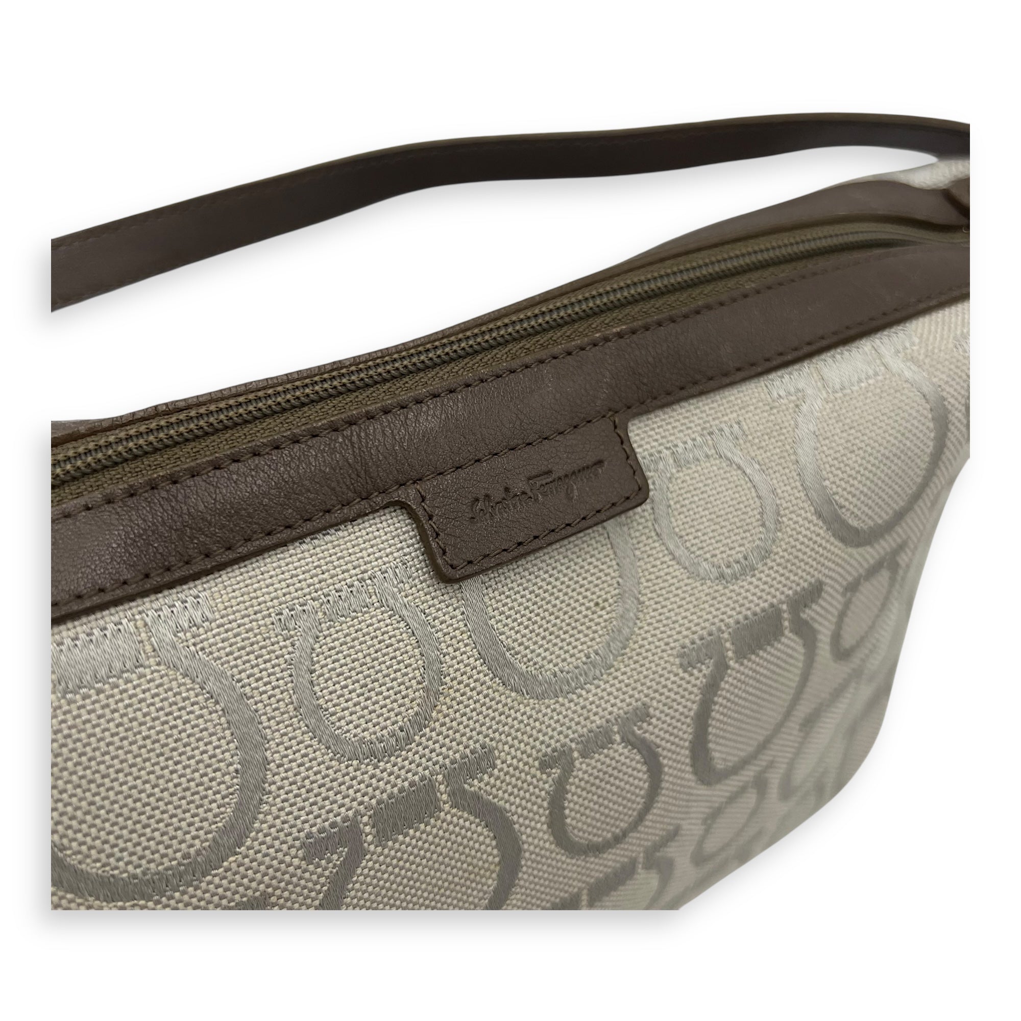 Gancini White Shoulder Bag in Canvas, Silver hardware - Image 14
