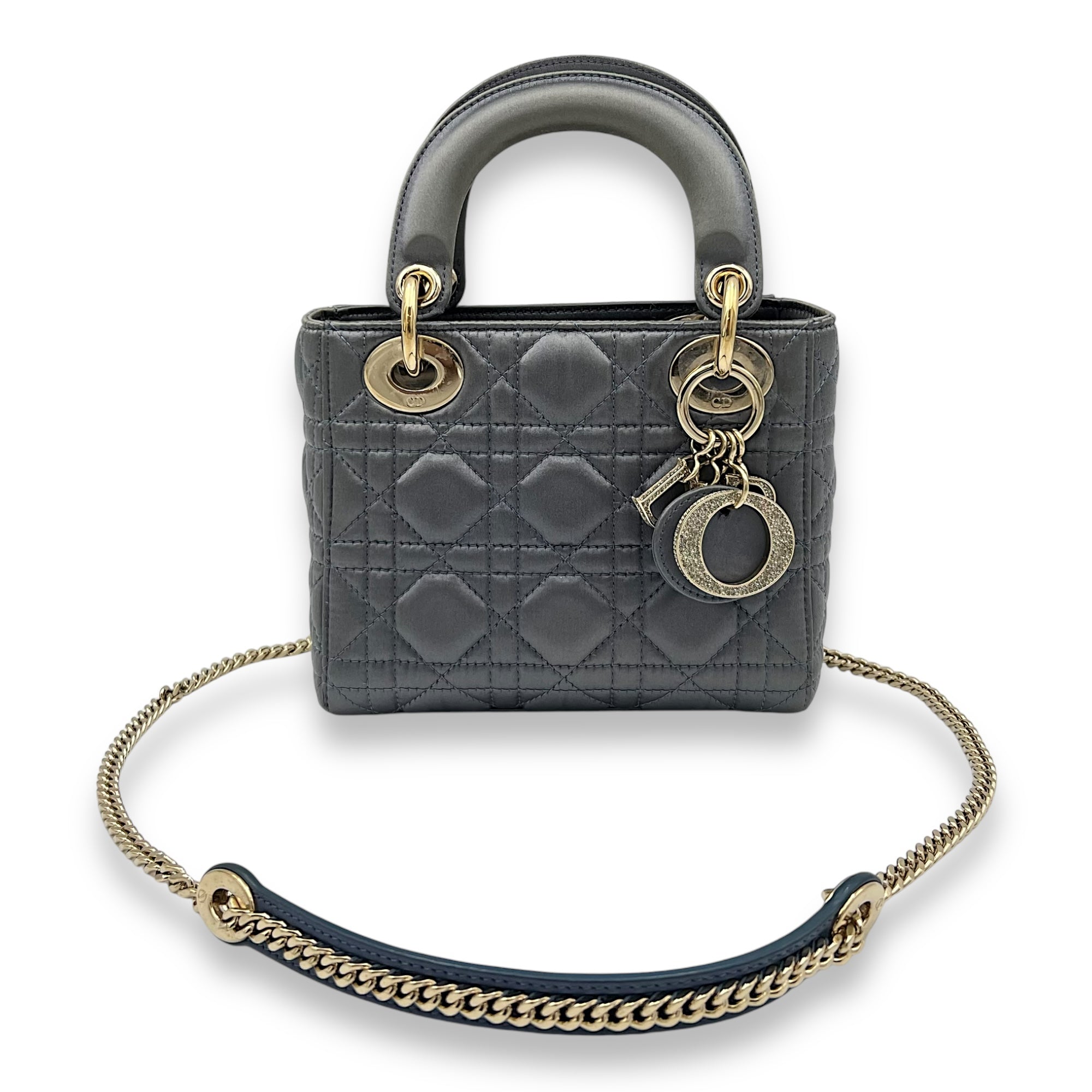 Lady Dior Top Handle Bag Mini Grey in Satin, Gold hardware - Image 13