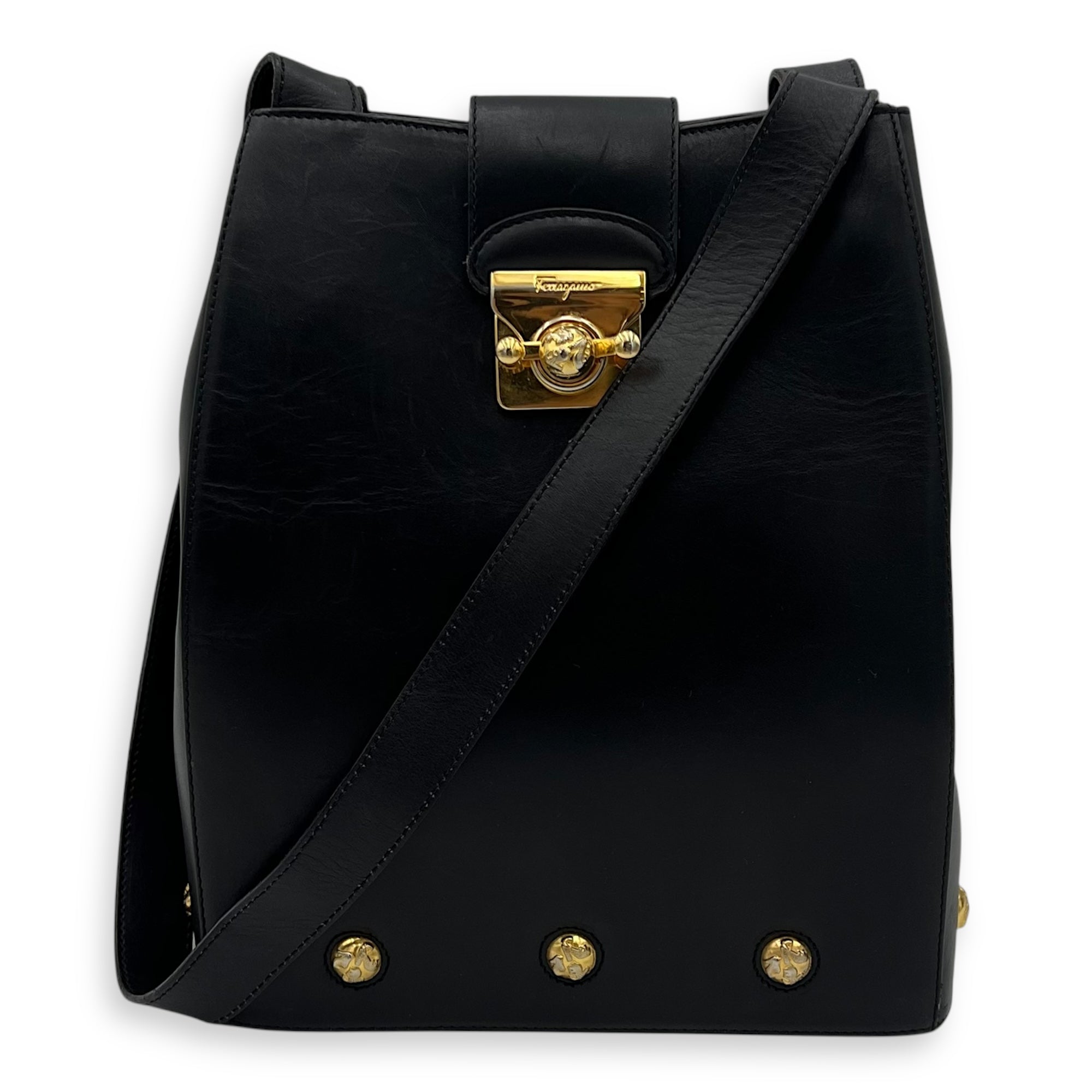 Gancini Black Shoulder Bag in Calfskin, Gold hardware - Image 14