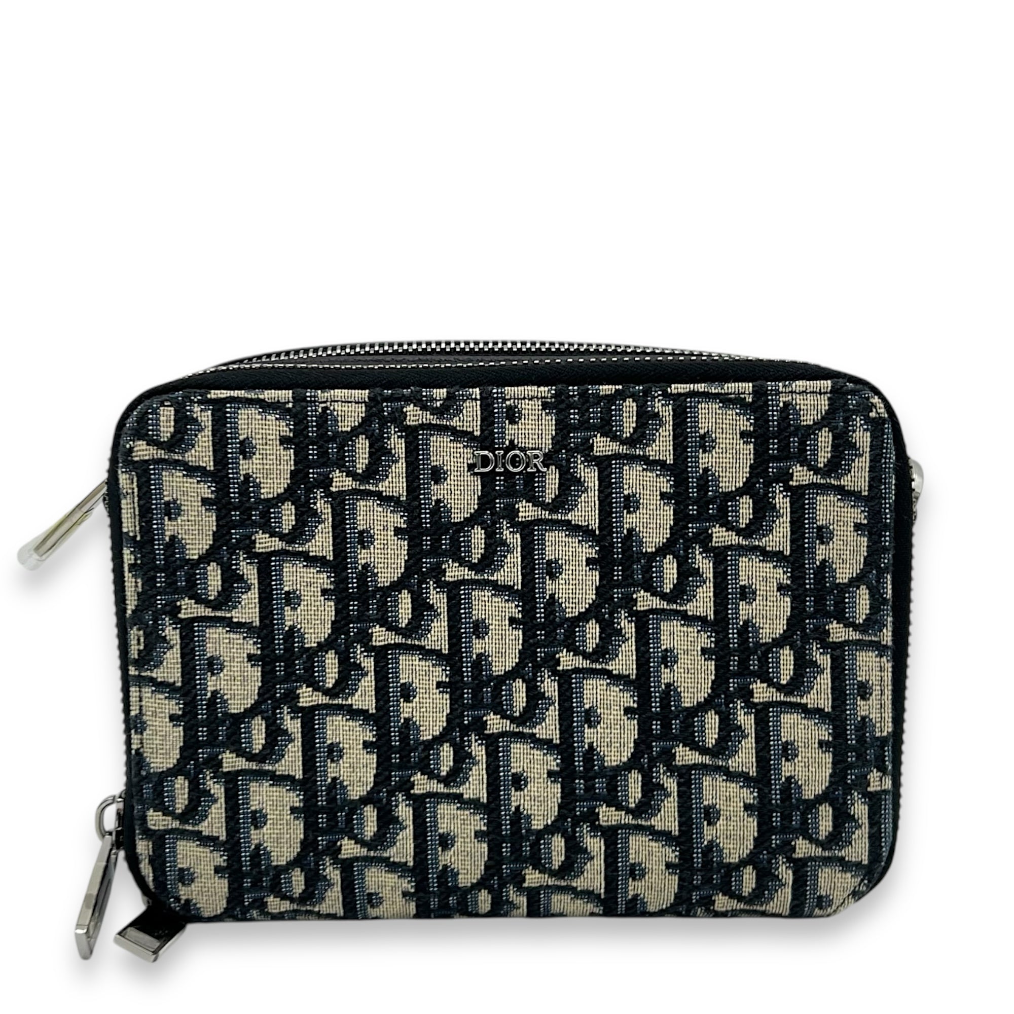 Zipped Pouch Oblique Blue Crossbody Bag in Jacquard, Silver hardware