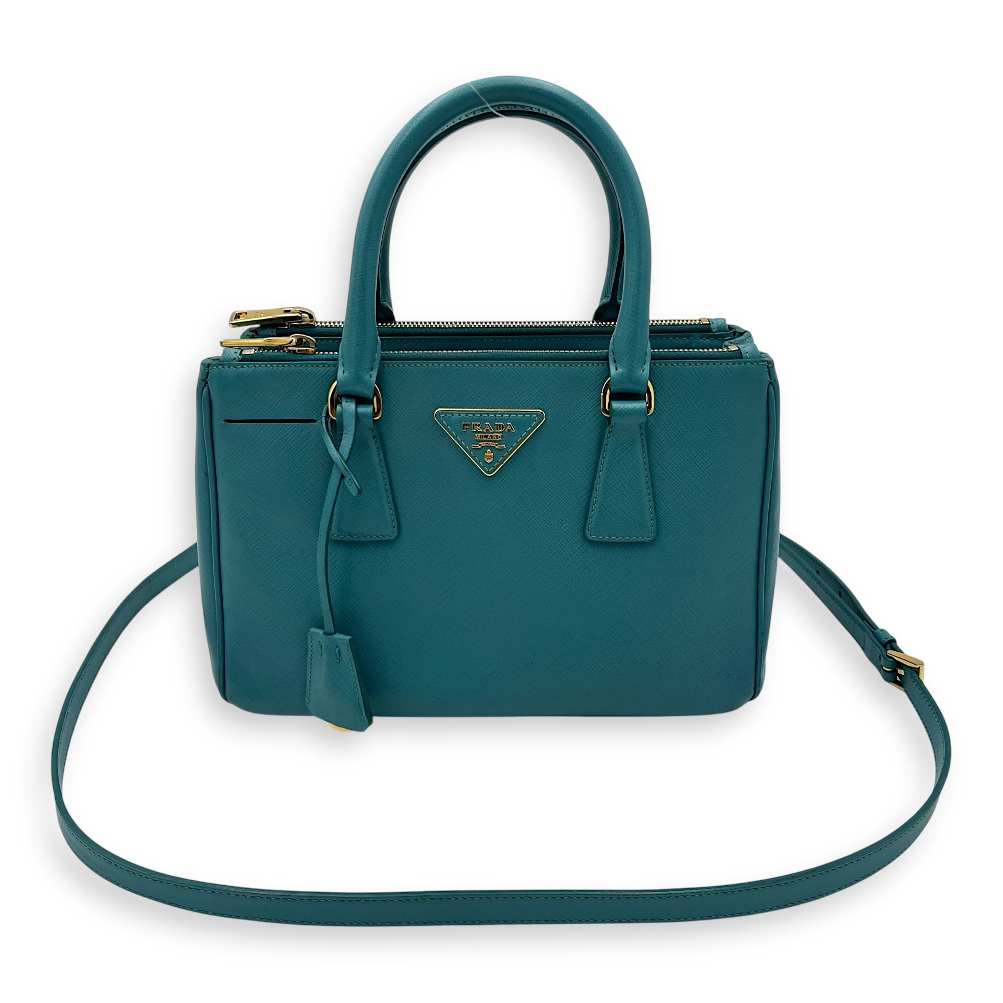 Galleria Top Handle Bag Blue in Saffiano Leather, Gold hardware - Image 15