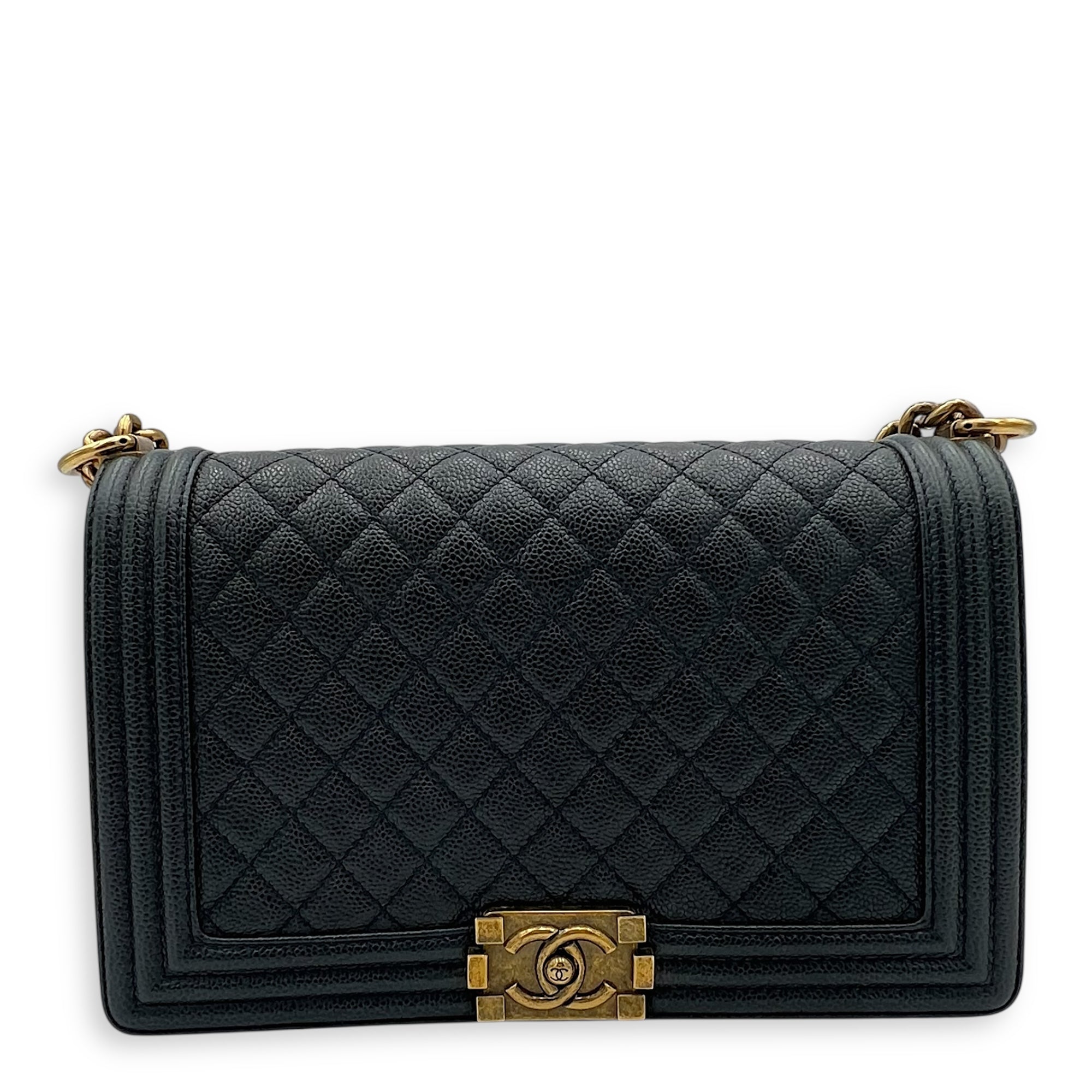 Boy New Medium Blue Shoulder Bag in Caviar Leather, Gold hardware