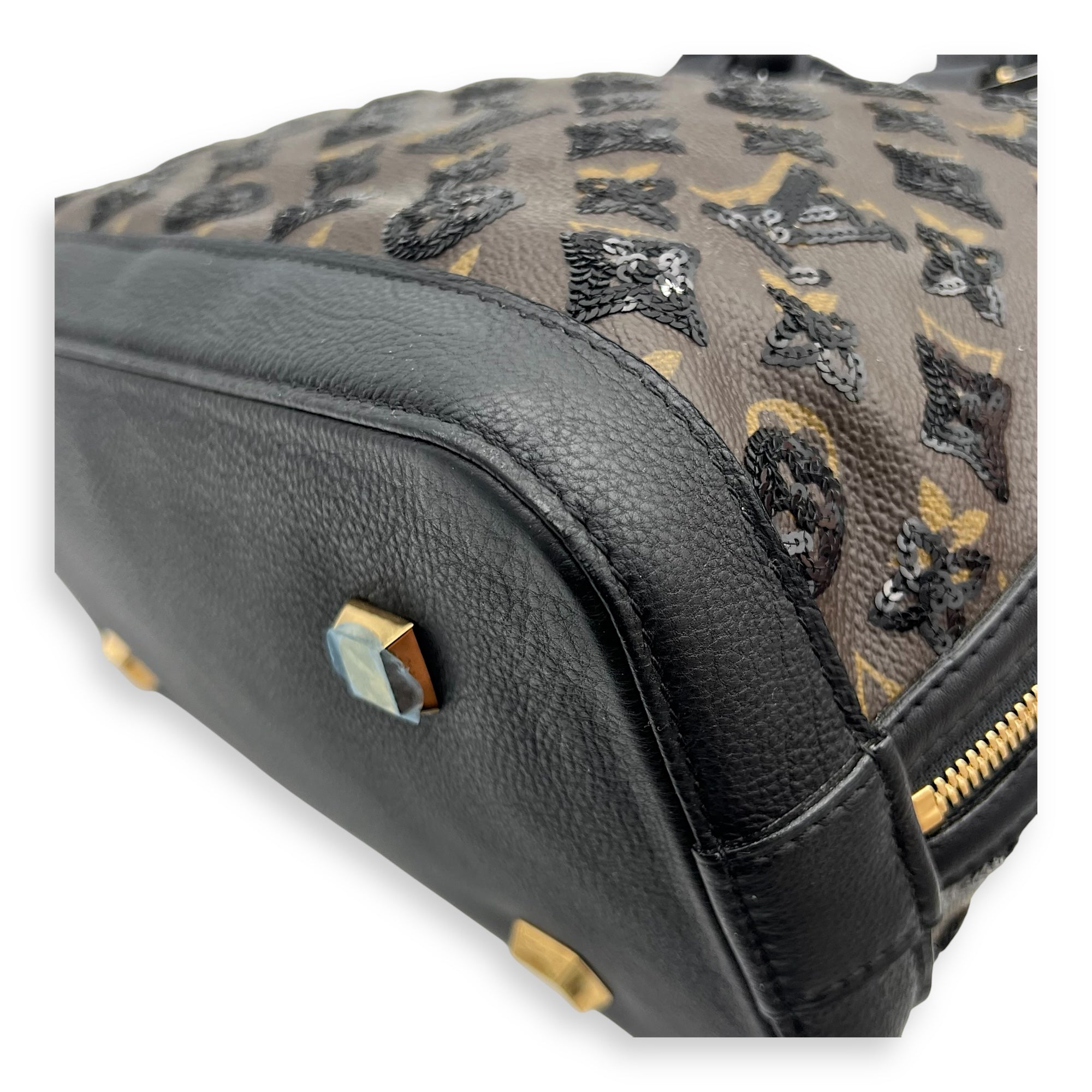 Alma Top Handle Bag Brown in Leather and sequins, Gold hardware - Image 9