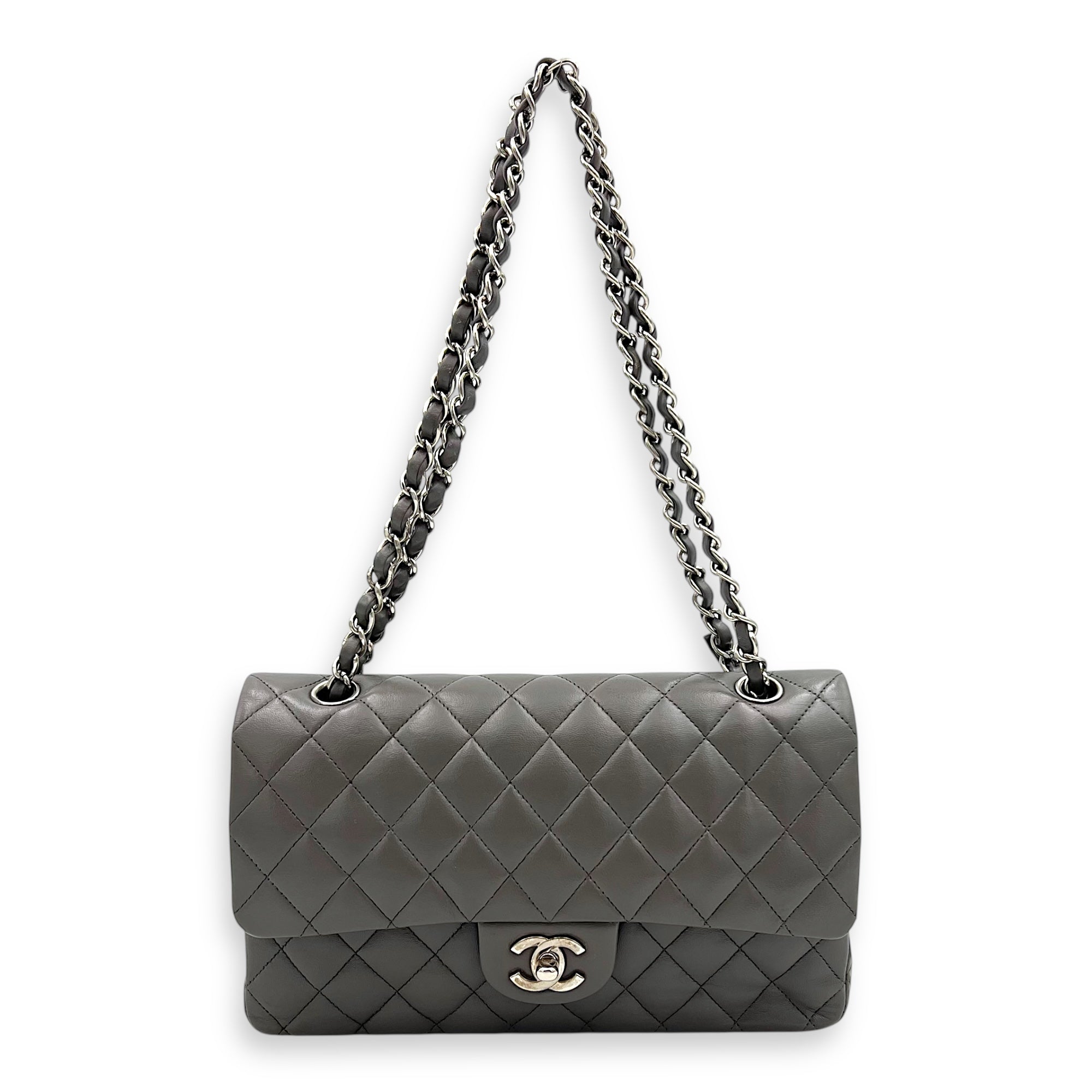 Classic Medium Grey (retouched) Shoulder Bag in Lambskin, Silver hardware - Image 16