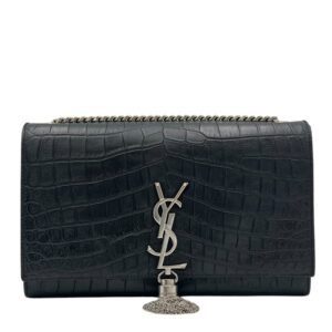 Kate Crossbody Bag Black in Crocodile Embossed Calfskin, Silver hardware