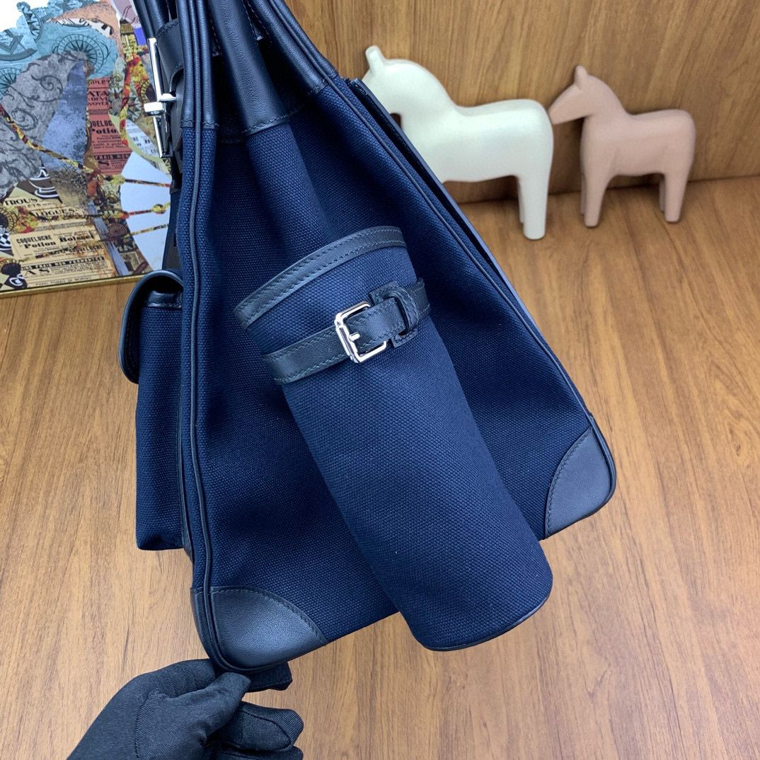 Hermes HAC Cargo Birkin 40 Handmade Bag in Blue Nuit Toile - Image 9