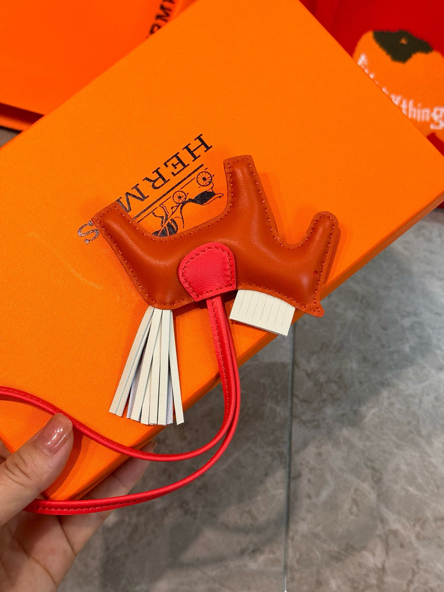 Hermes Rodeo PM Bag Charm in Cornaline/Craie/Rose Lambskin - Image 5