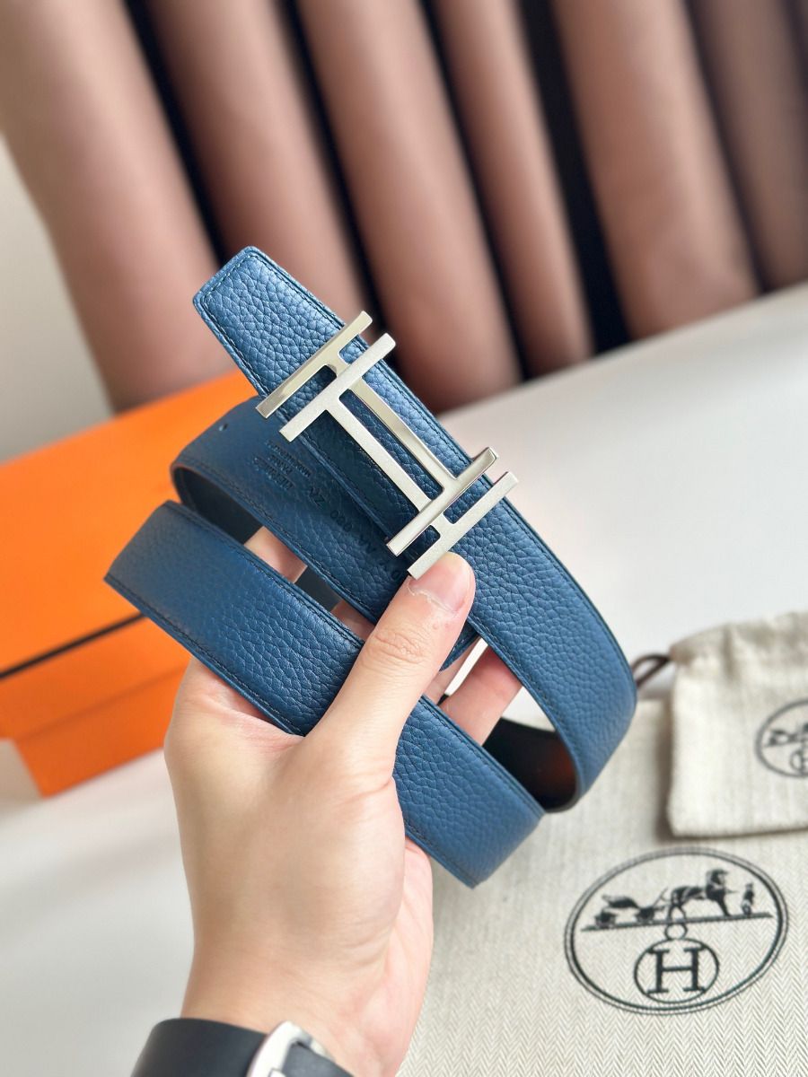 Hermes H au Carre Reversible Belt 32MM in Blue Clemence Leather - Image 5