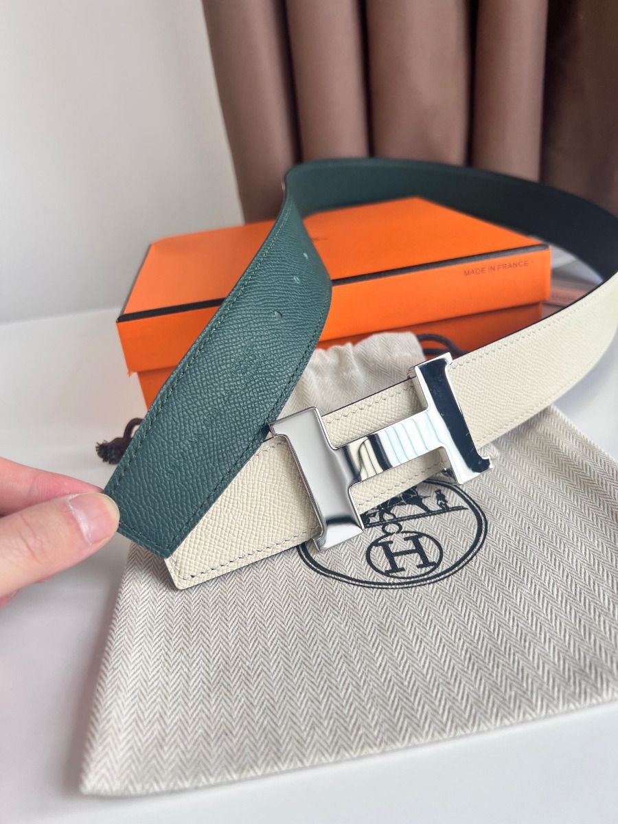 Hermes Constance Reversible Belt 38MM in Green and Craie Epsom Calfskin - Image 6