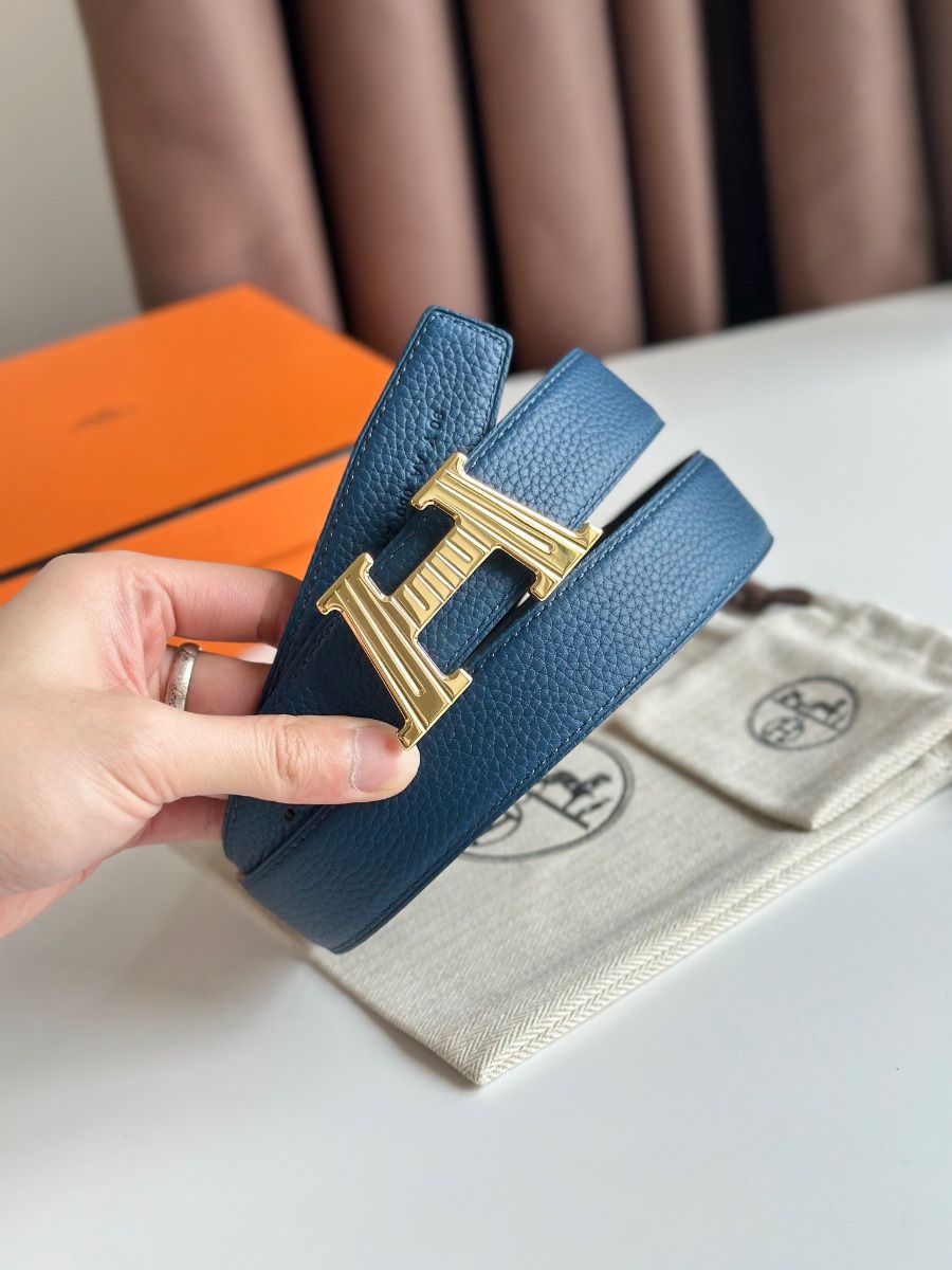 Hermes H Take Off Reversible Belt 32MM in Blue Clemence Leather - Image 5