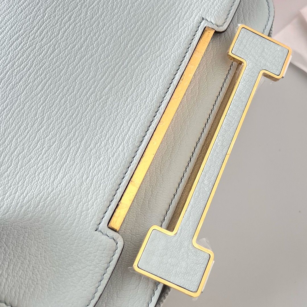 Hermes Geta Handmade Bag In Blue Brume Chevre Mysore Leather - Image 4