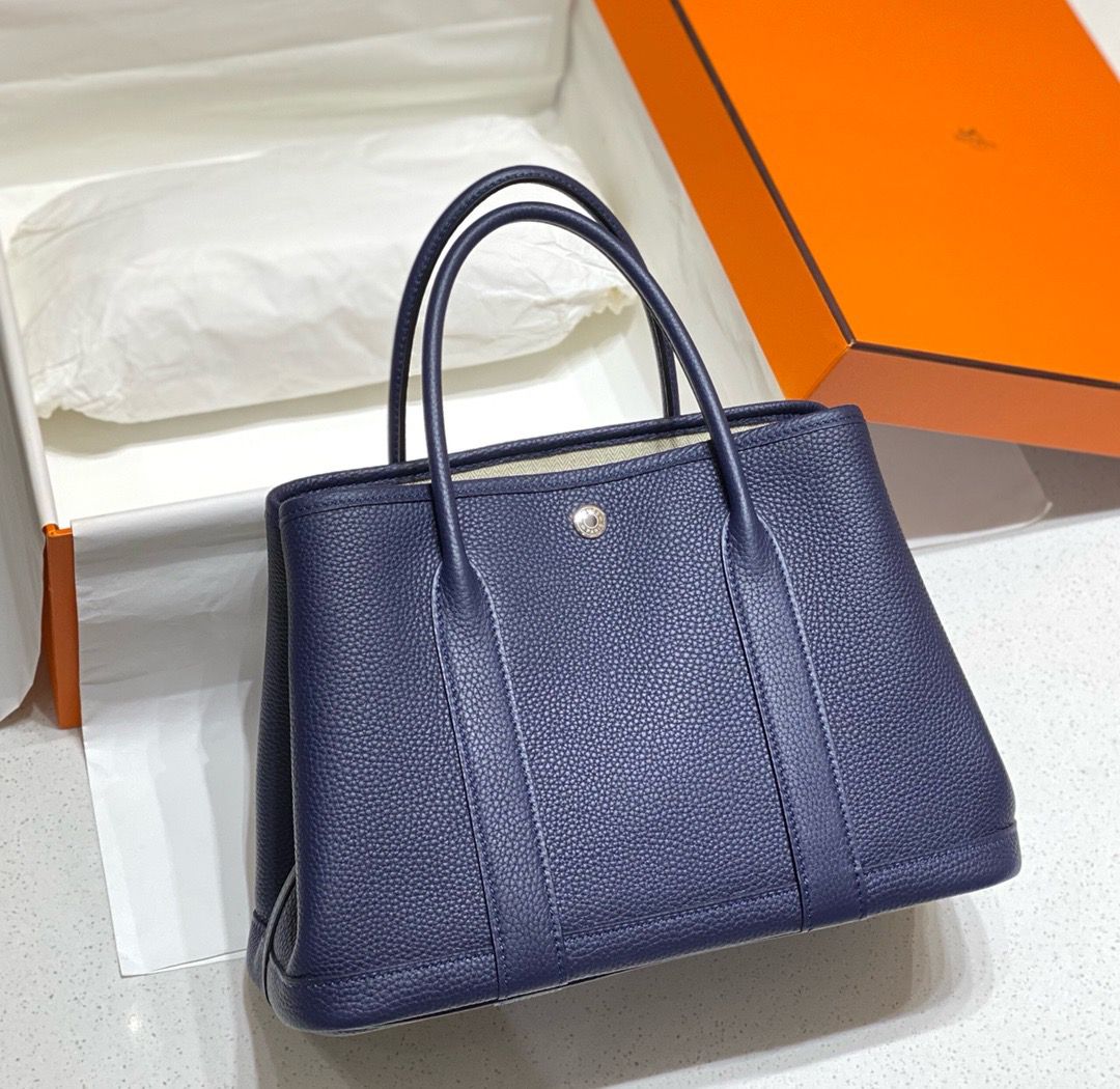 Hermes Garden Party 30 Bag In Blue Saphir Taurillon Leather - Image 3