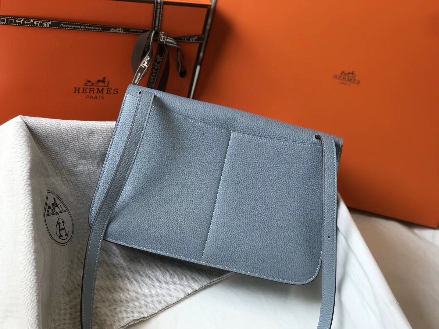Hermes Halzan 31cm Bag In Blue Lin Clemence Leather - Image 8