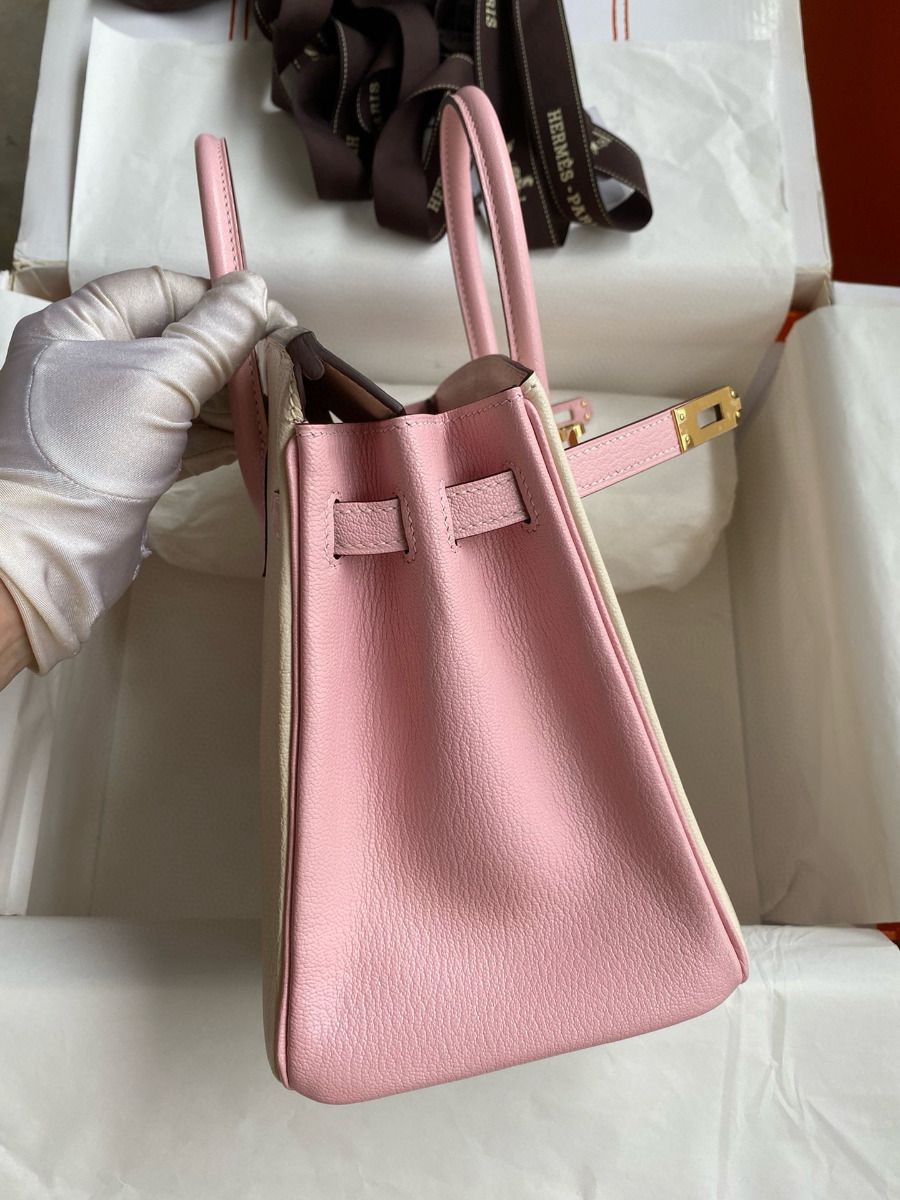 Hermes HSS Birkin 25 Bicolor Bag in Craie and Pink Chevre Mysore Leather - Image 6