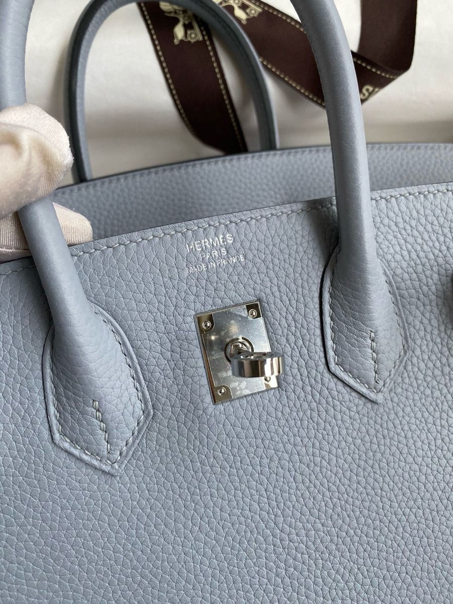 Hermes Birkin 25 Retourne Handmade Bag In Blue Lin Clemence Leather - Image 7