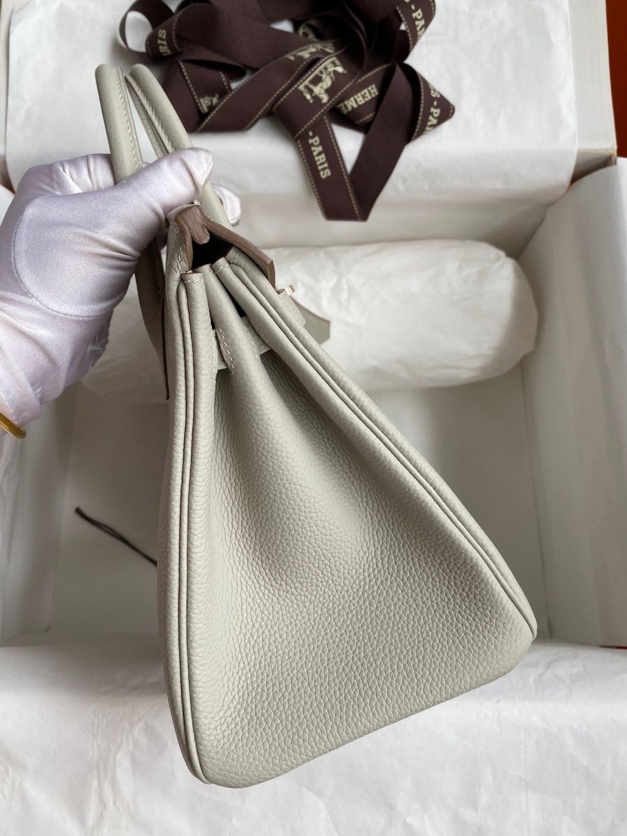 Hermes Birkin 25 Retourne Handmade Bag In Pearl Grey Clemence Leather - Image 6