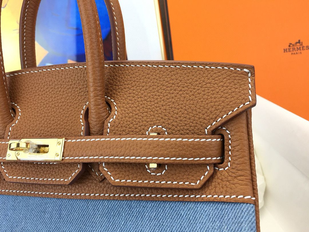 Hermes Birkin 25 Handmade Bag in Denim & Gold Clemence Leather - Image 5