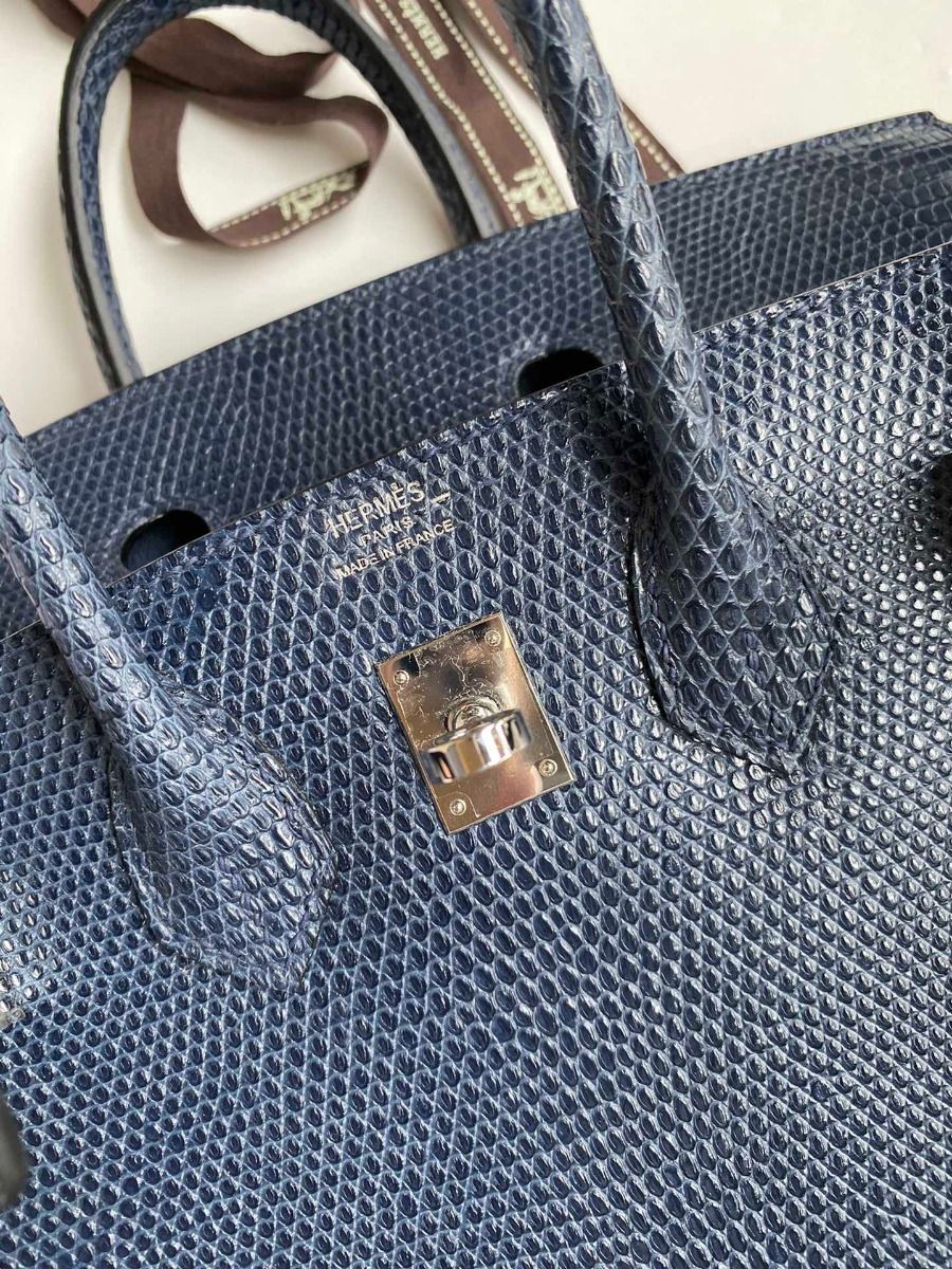 Hermes Birkin 25 Retourne Handmade Bag In Blue Saphir Lizard Leather - Image 8