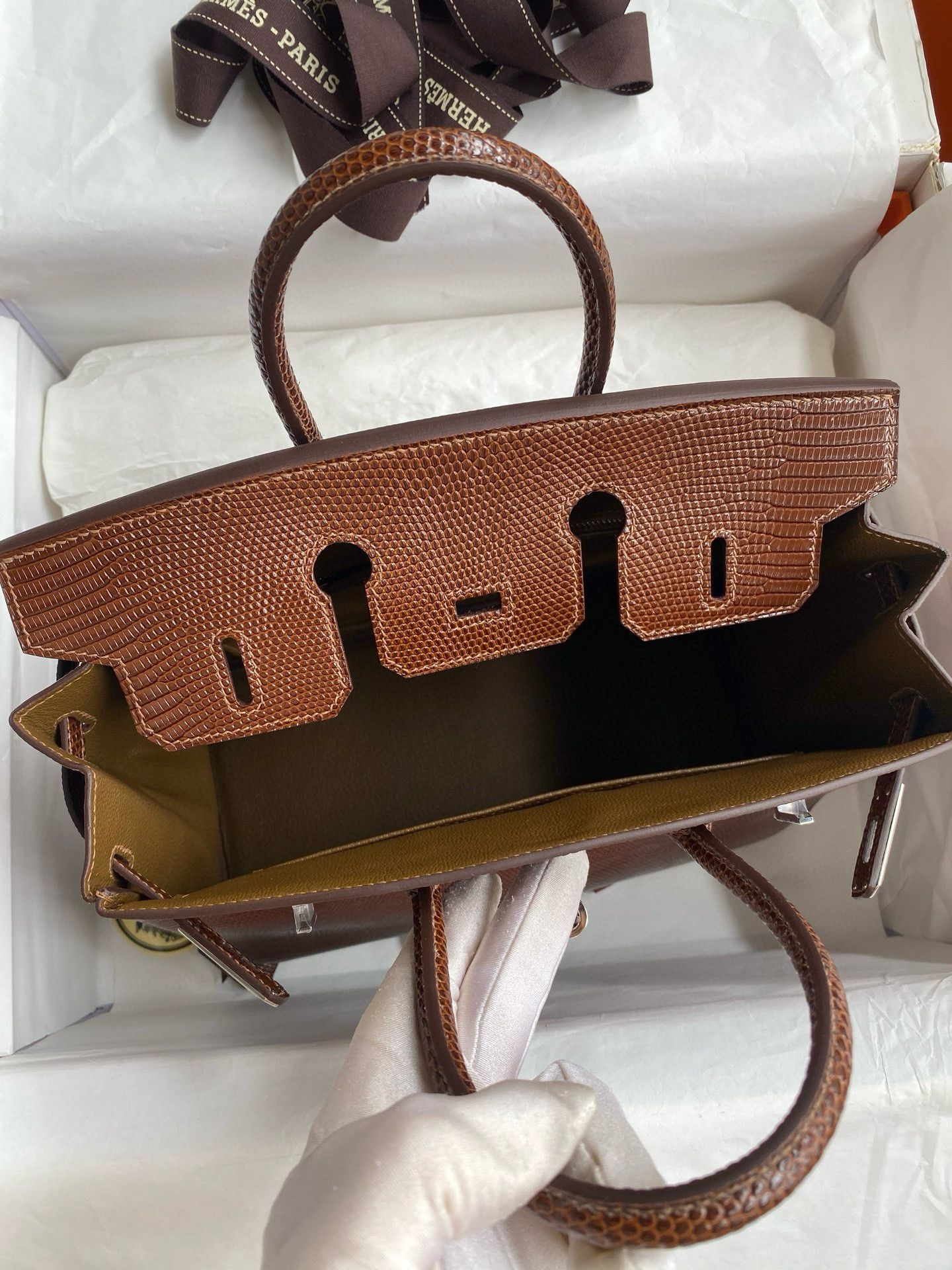 Hermes Birkin 25 Retourne Handmade Bag Caramel Lizard Leather - Image 8