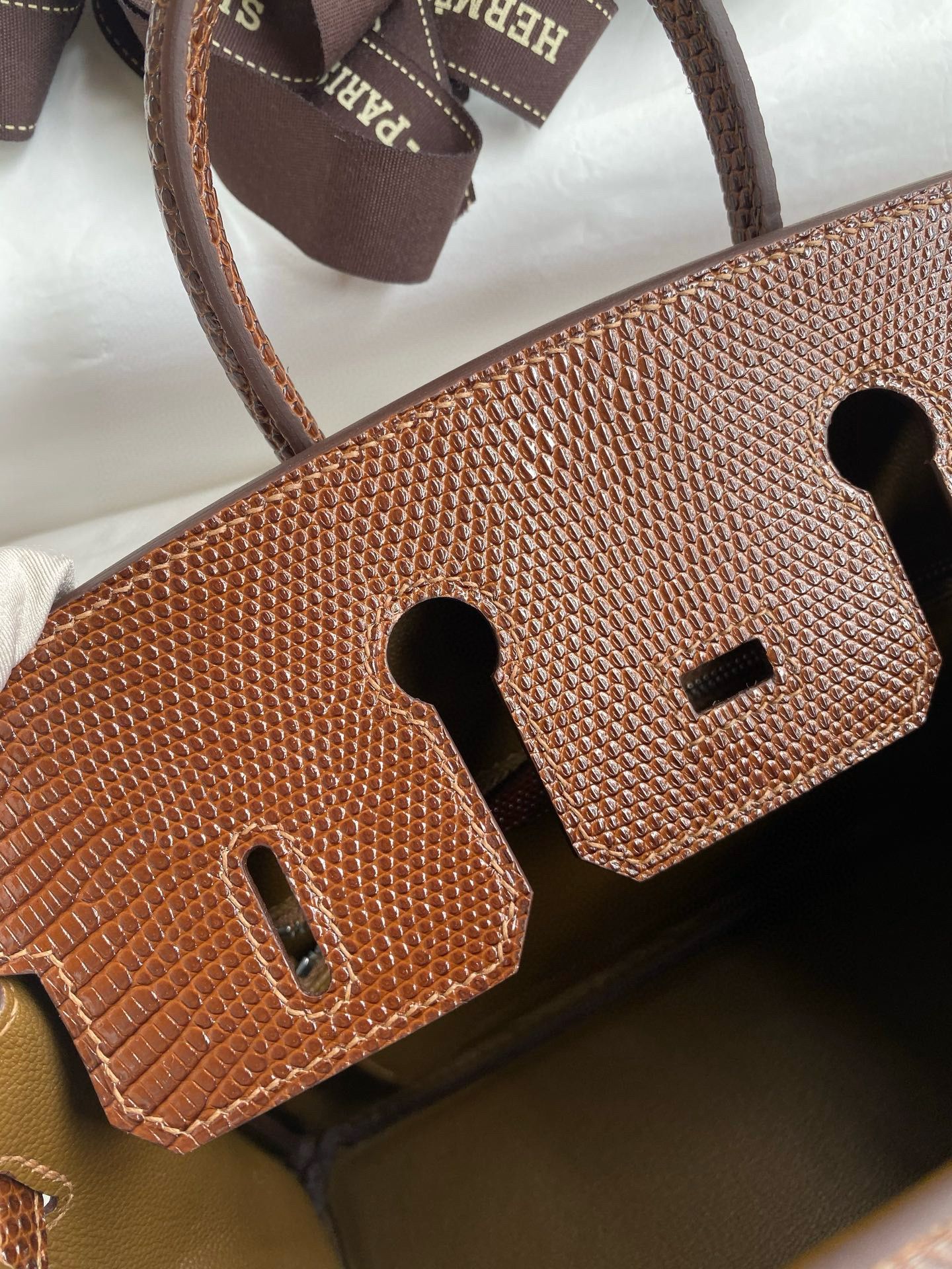 Hermes Birkin 25 Retourne Handmade Bag Caramel Lizard Leather - Image 9