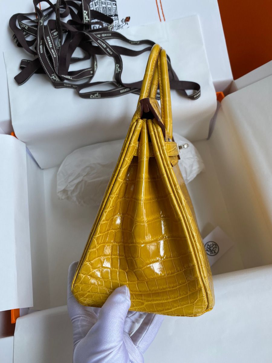 Hermes Birkin 25 Handmade Bag In Yellow Crocodile Niloticus Shiny Skin - Image 6