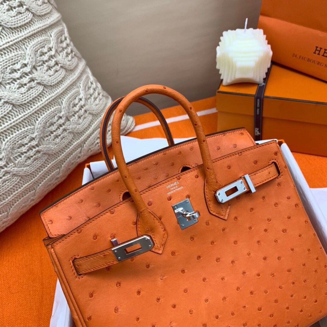 Hermes Birkin 25 Handmade Bag In Orange Ostrich Leather - Image 9