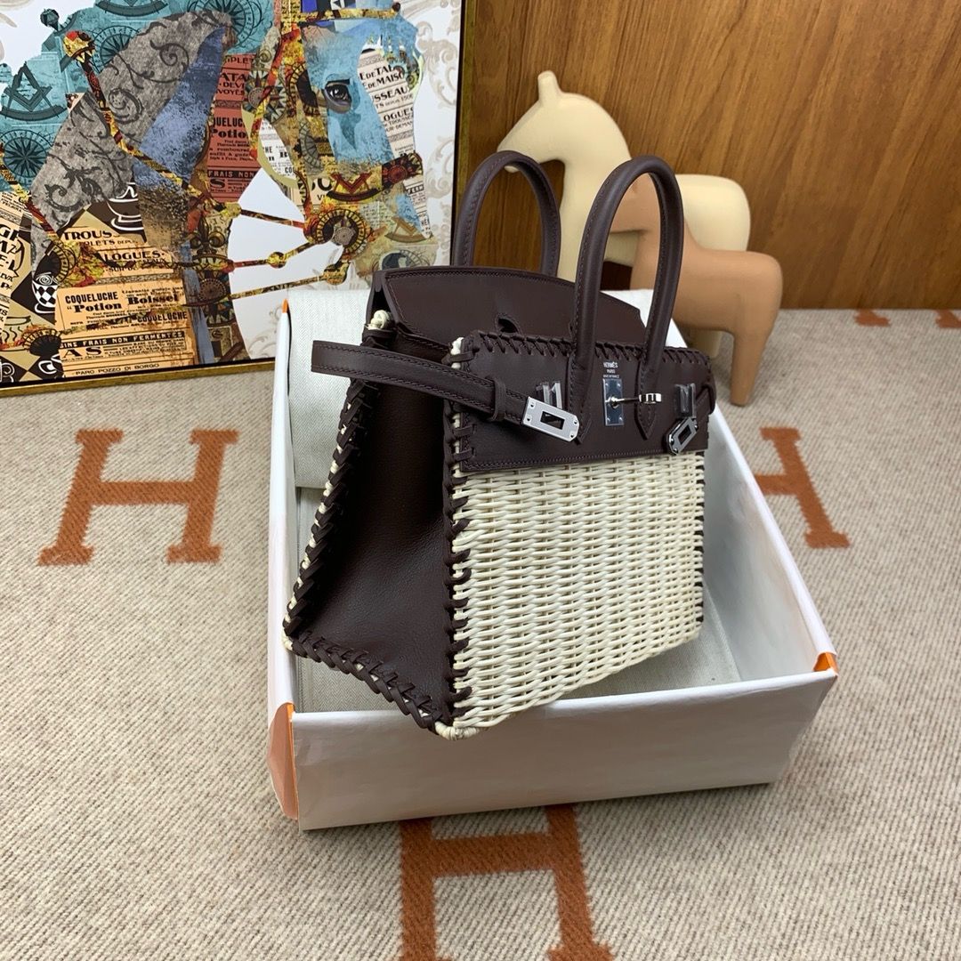 Hermes Picnic Birkin 25 Bag in Wicker with Rouge Sellier Swift Calfskin - Image 8