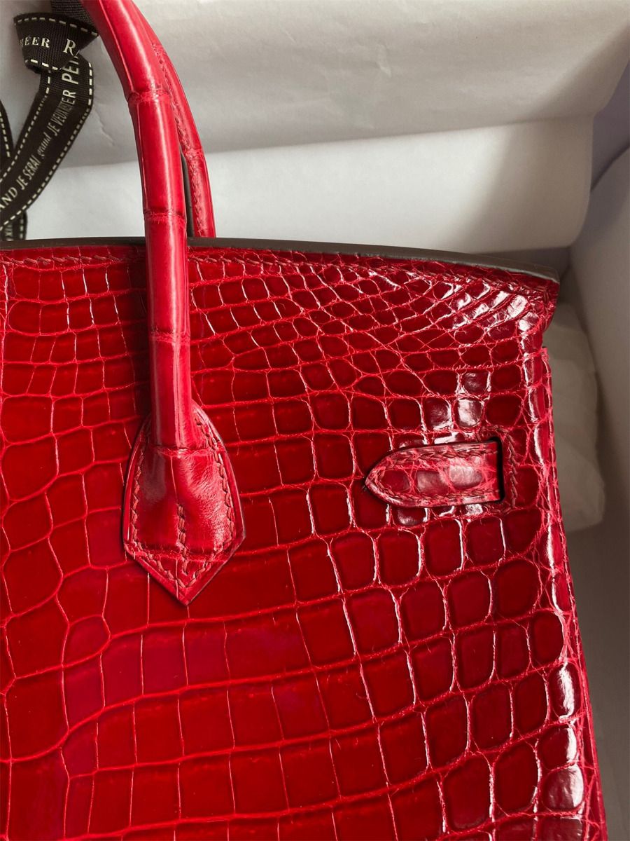 Hermes Birkin 25 Handmade Bag In Red Crocodile Porosus Shiny Skin - Image 5