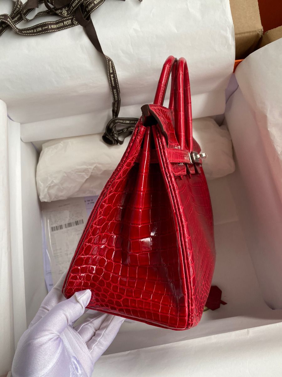 Hermes Birkin 25 Handmade Bag In Red Crocodile Porosus Shiny Skin - Image 6