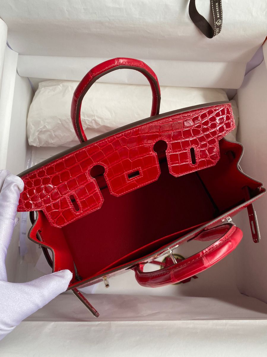 Hermes Birkin 25 Handmade Bag In Red Crocodile Porosus Shiny Skin - Image 7