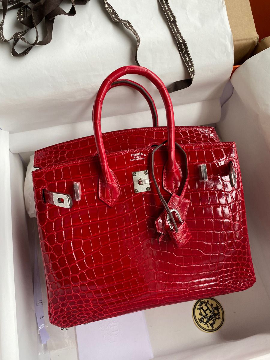 Hermes Birkin 25 Handmade Bag In Red Crocodile Porosus Shiny Skin - Image 10