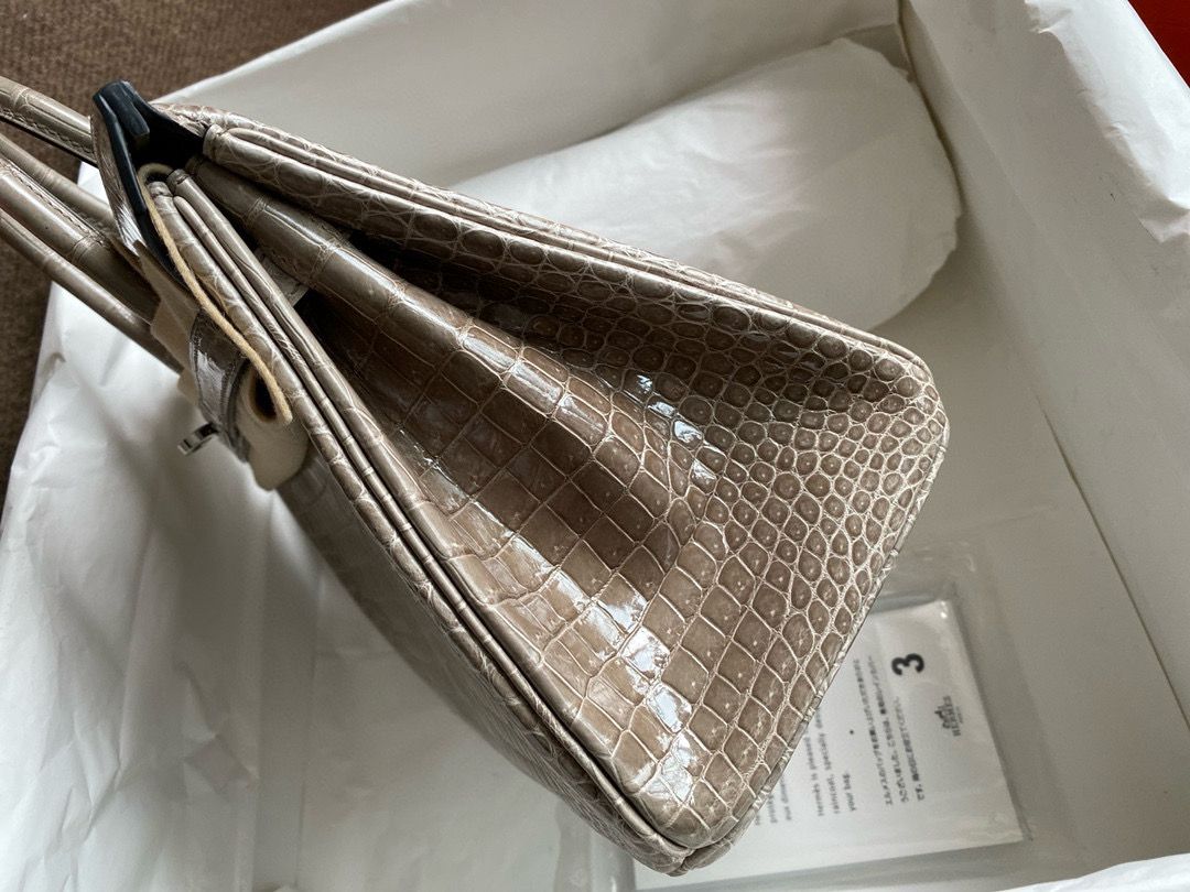 Hermes Birkin 25 Handmade Bag in Tourterelle Porosus Crocodile Shiny Skin - Image 4