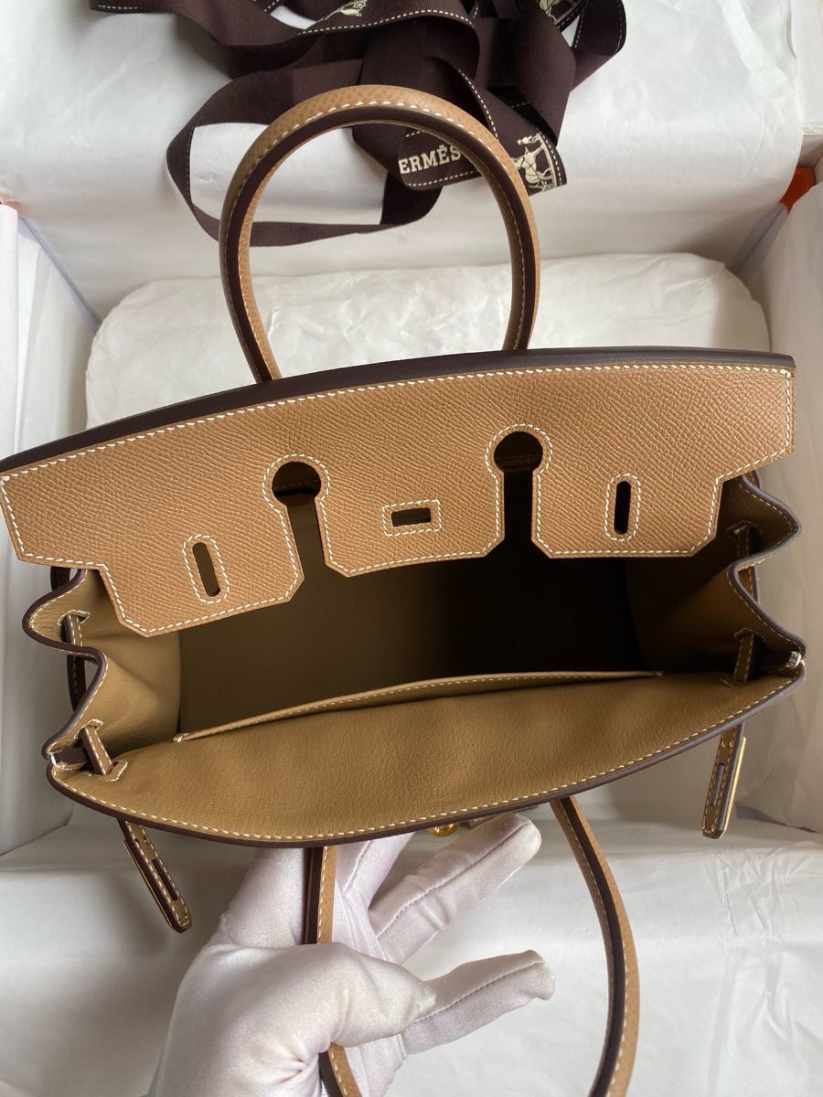 Hermes Birkin 25 Handmade Bag In Toile & Chai Epsom Leather - Image 8