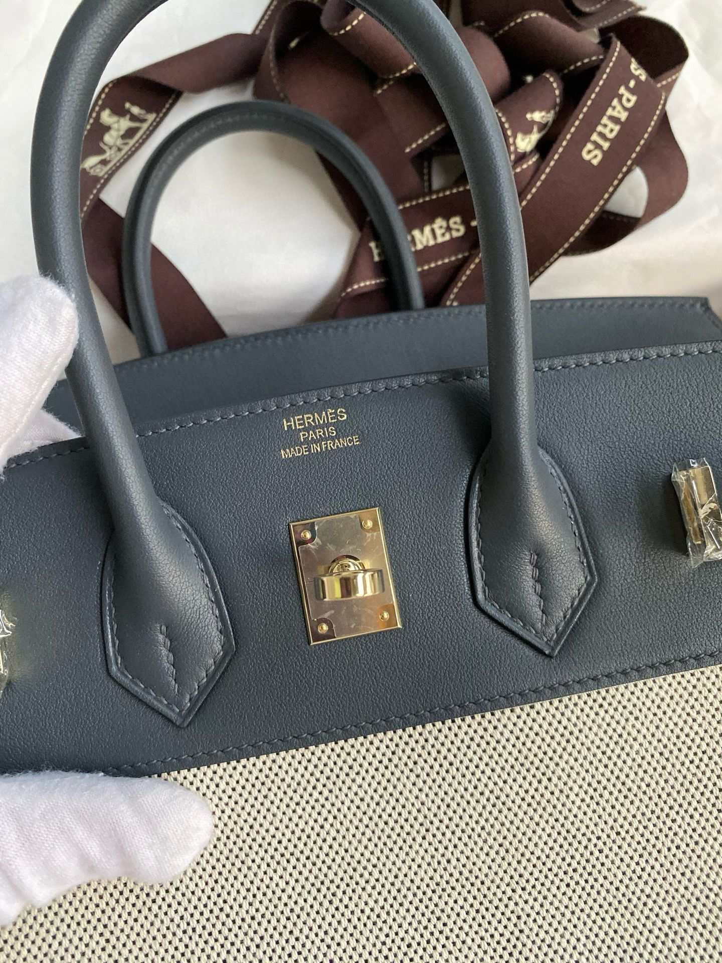 Hermes Birkin 25 Handmade Bag in Toile & Gris Misty Swift Leather - Image 7