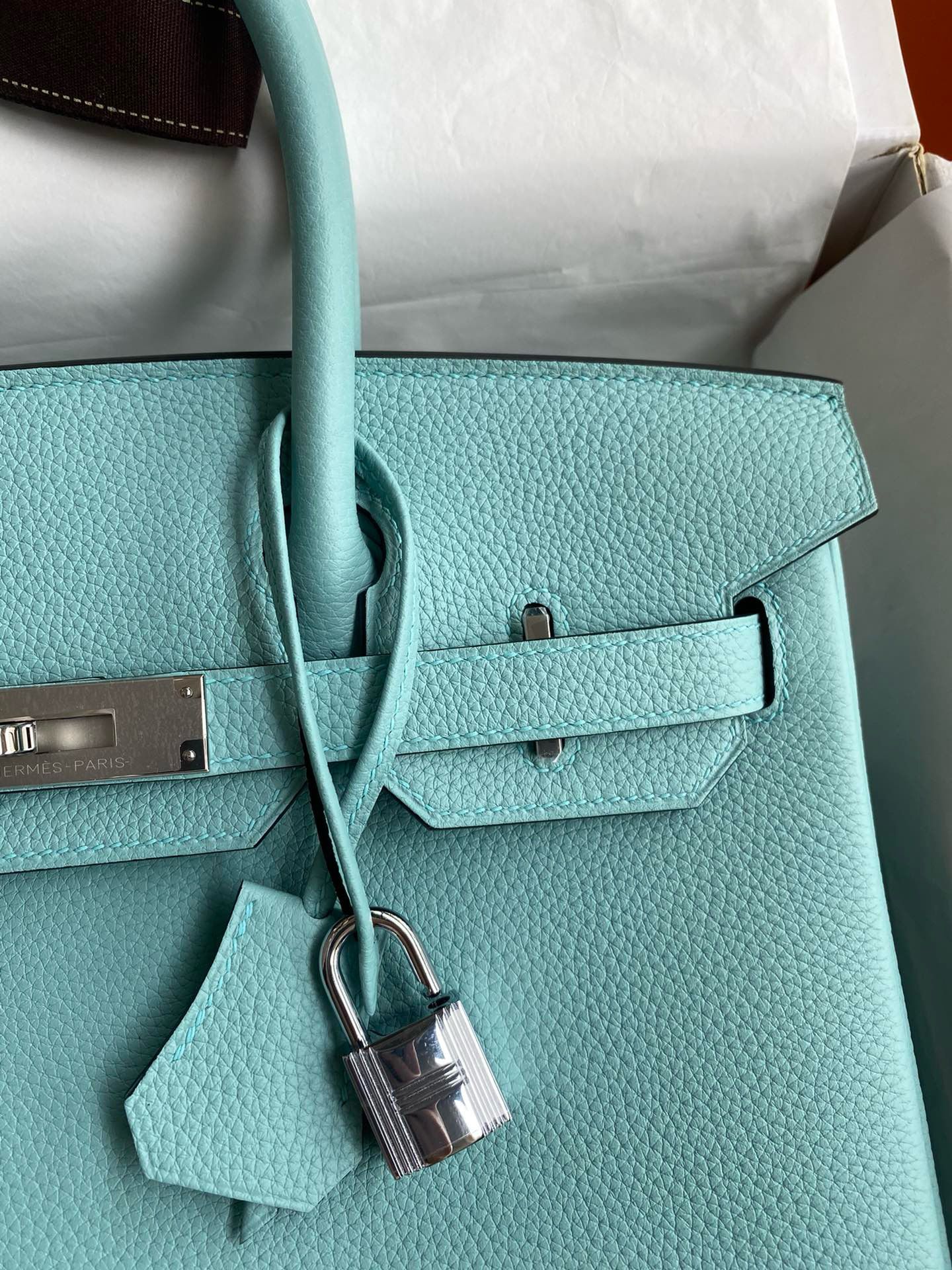 Hermes Birkin 30 Retourne Handmade Bag In Blue Atoll Clemence Leather - Image 4