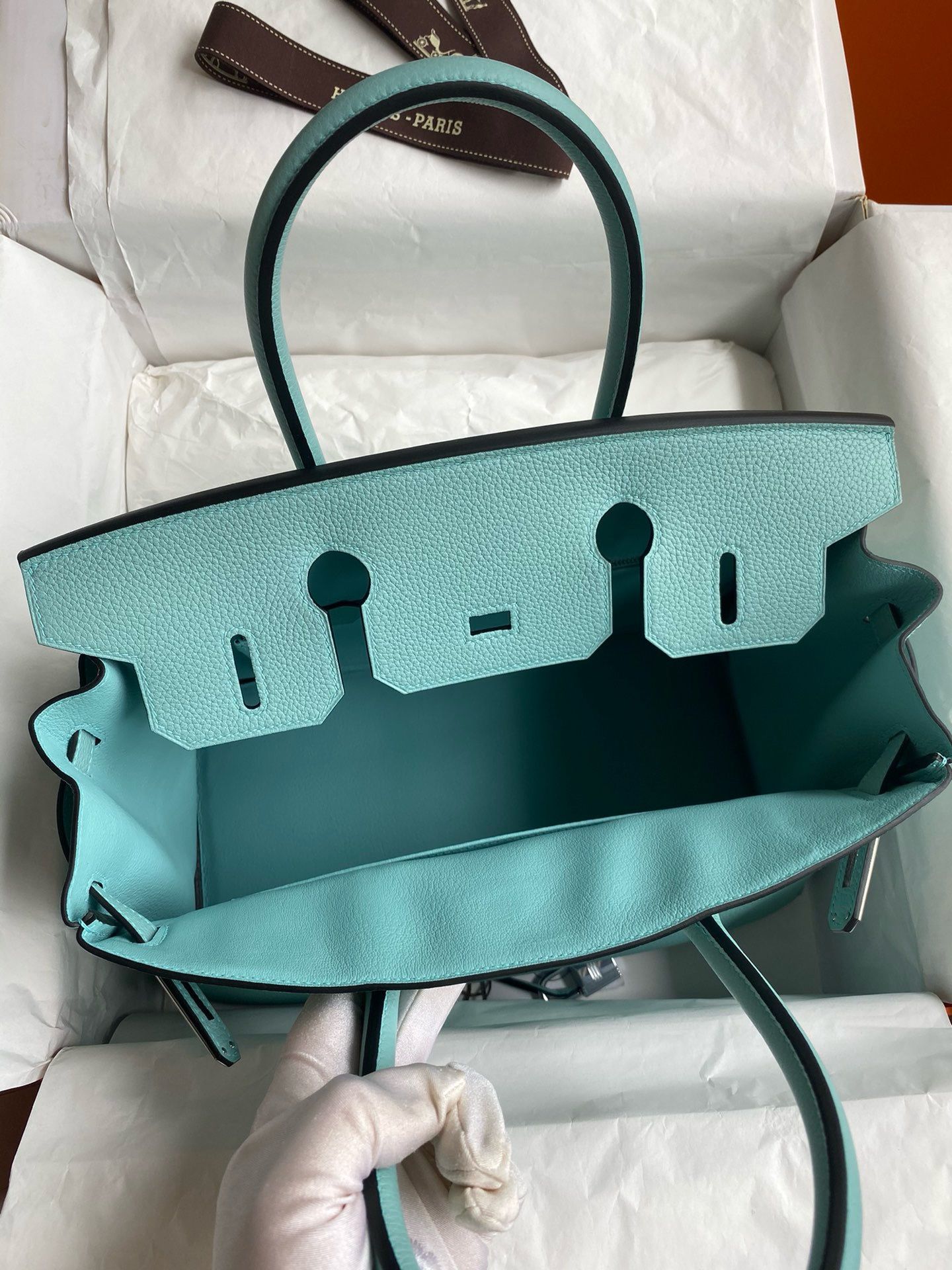 Hermes Birkin 30 Retourne Handmade Bag In Blue Atoll Clemence Leather - Image 8