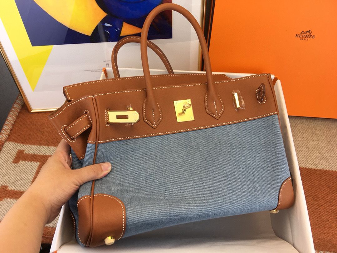Hermes Birkin 30 Handmade Bag in Denim & Gold Swift Leather - Image 7