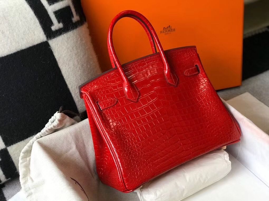 Hermes Birkin 30cm Bag In Red Embossed Crocodile Leather - Image 3