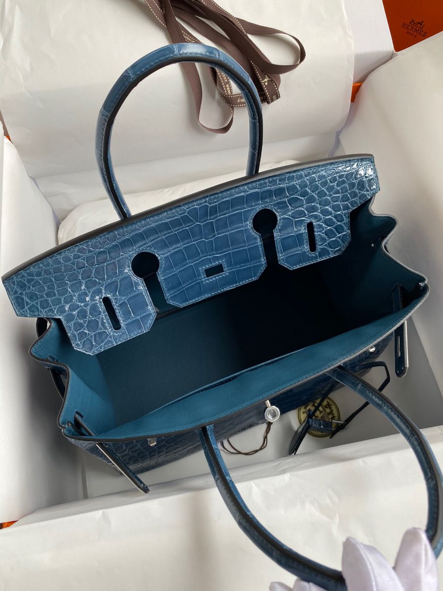 Hermes Birkin 30 Handmade Bag In Blue Tempete Crocodile Niloticus Shiny Skin - Image 7
