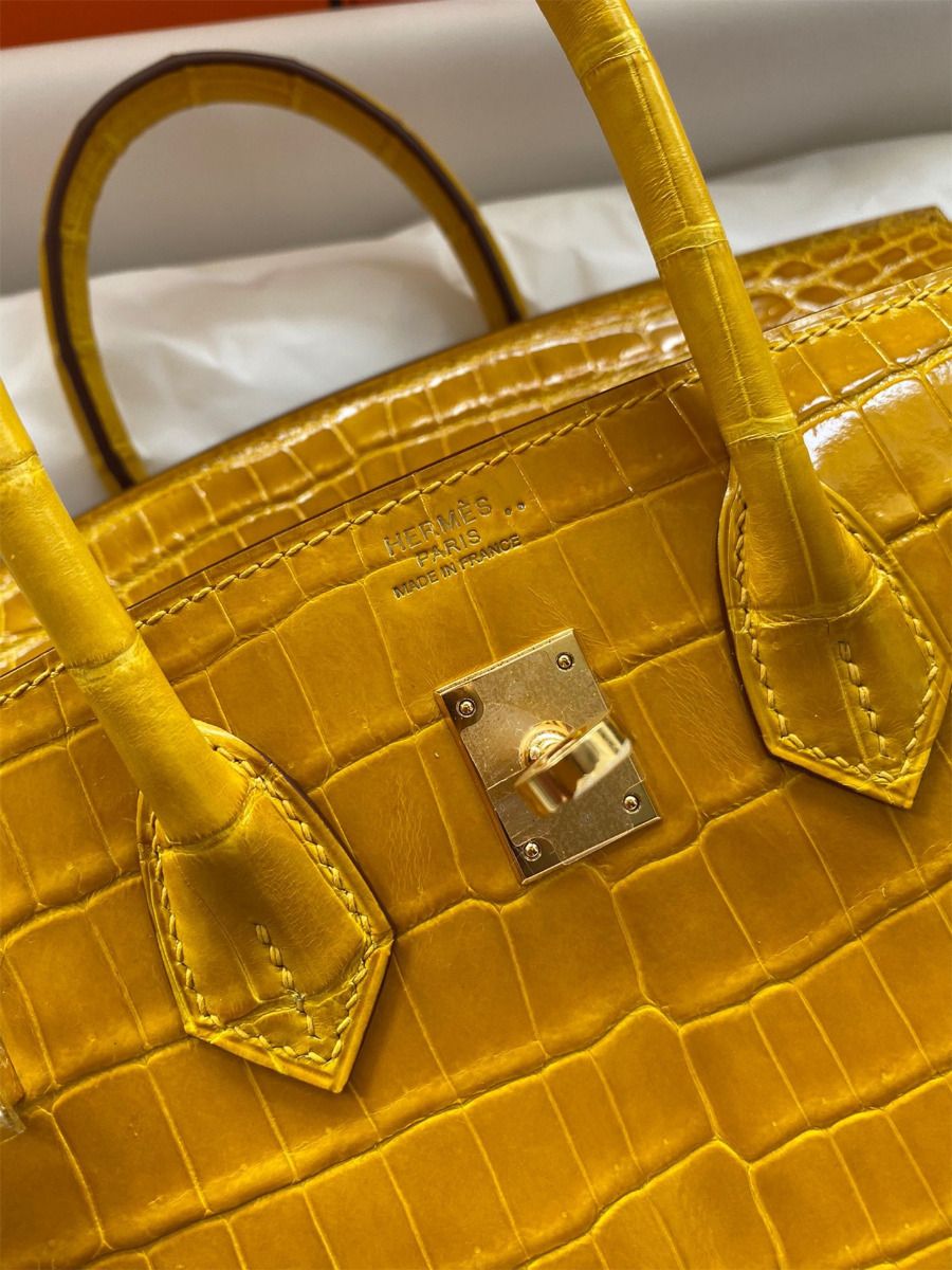 Hermes Birkin 30 Handmade Bag In Jaune Ambre Crocodile Niloticus Shiny Skin - Image 10