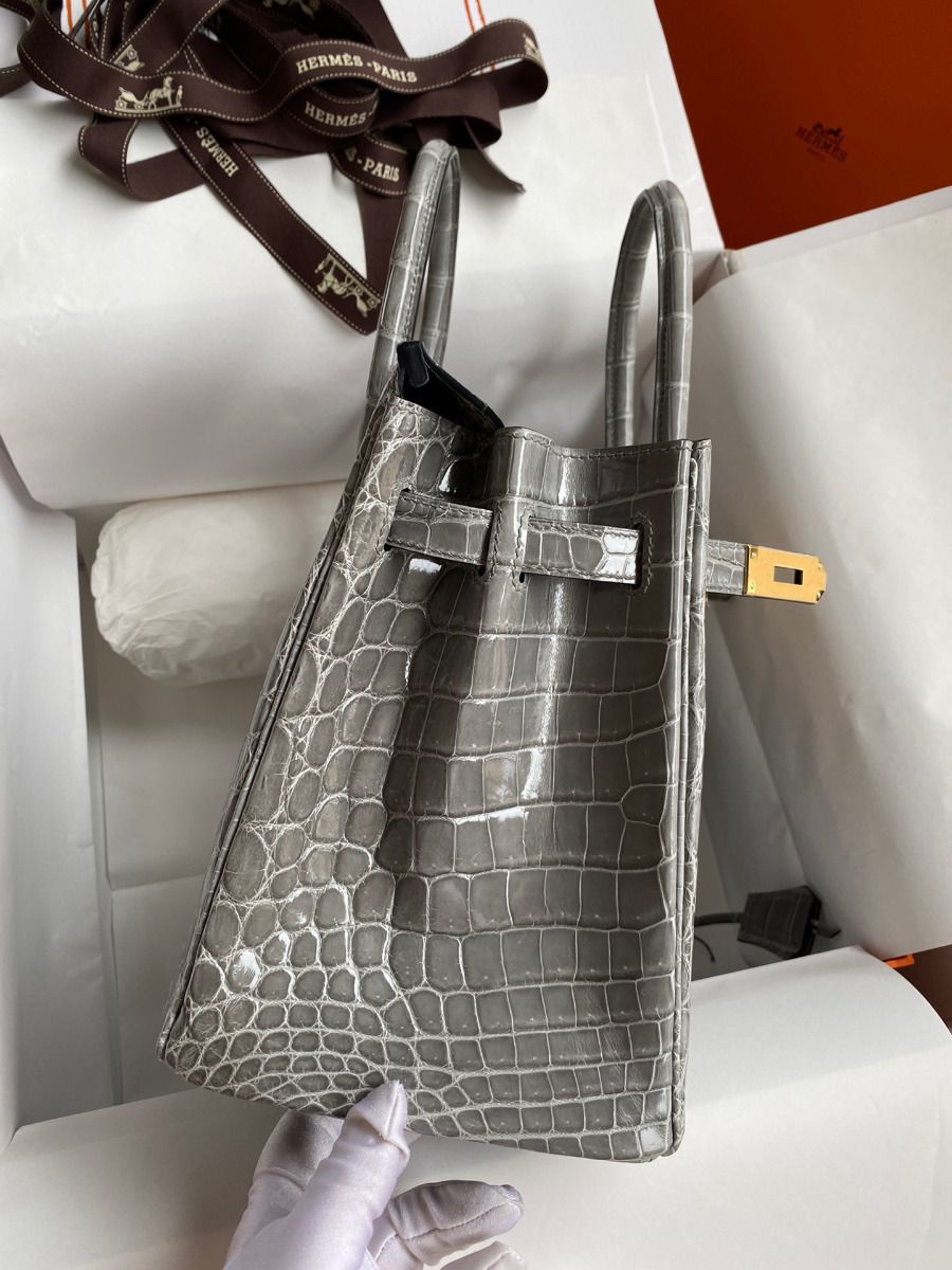 Hermes Birkin 30 Handmade Bag In Gris Ciment Crocodile Niloticus Shiny Skin - Image 6