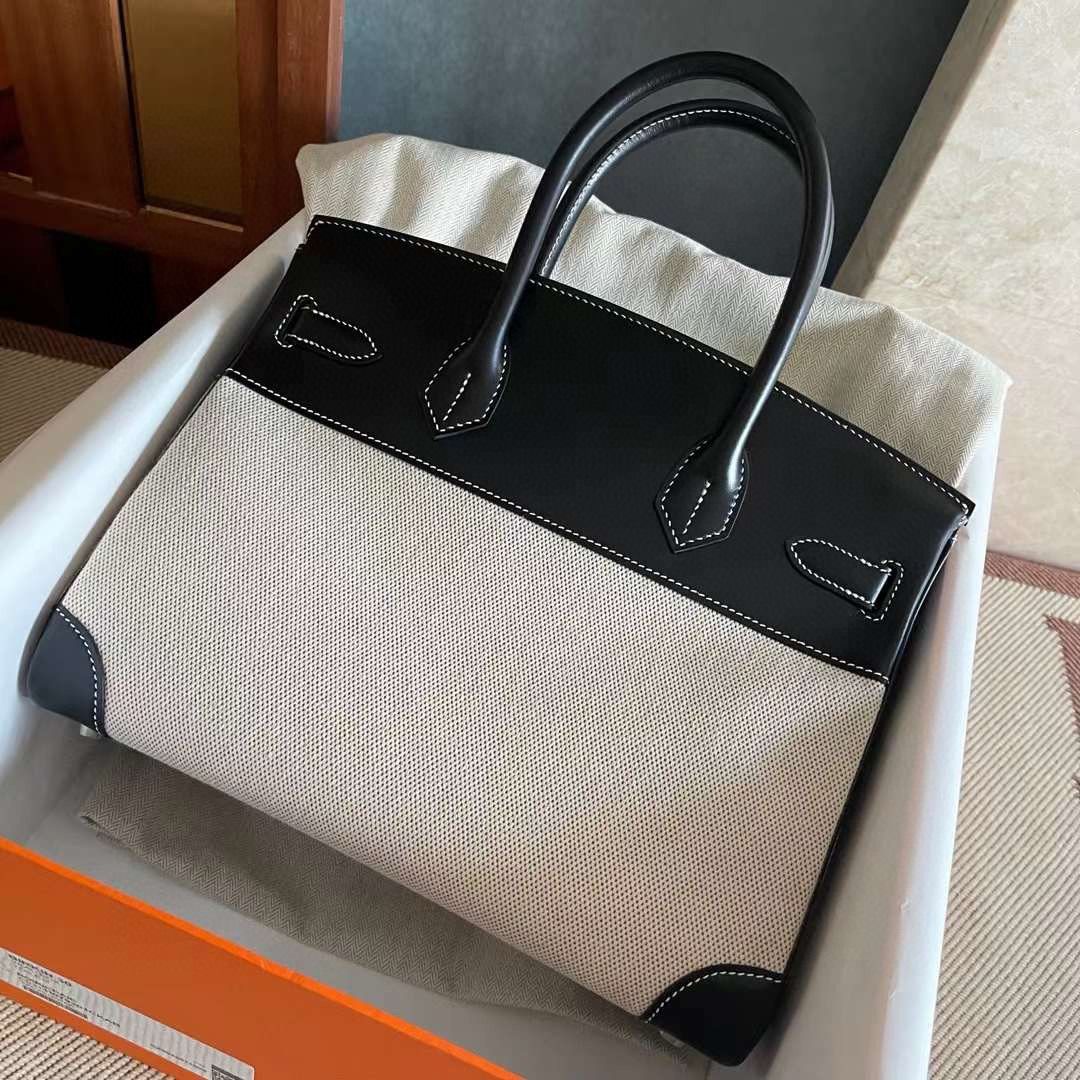 Hermes Birkin 30 Handmade Bag in Toile & Black Box Calfskin - Image 5