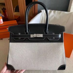 Hermes Birkin 30 Handmade Bag in Toile & Black Box Calfskin