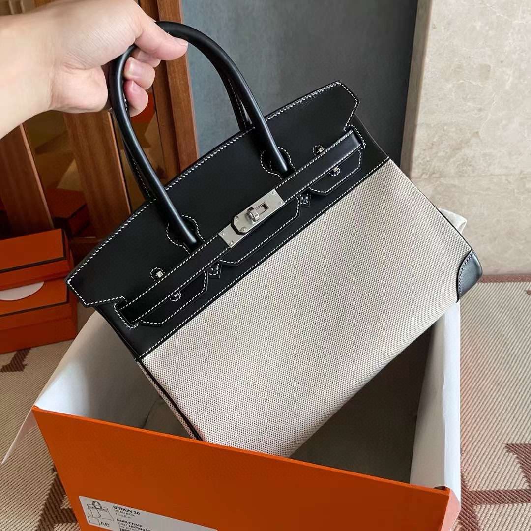 Hermes Birkin 30 Handmade Bag in Toile & Black Box Calfskin - Image 6