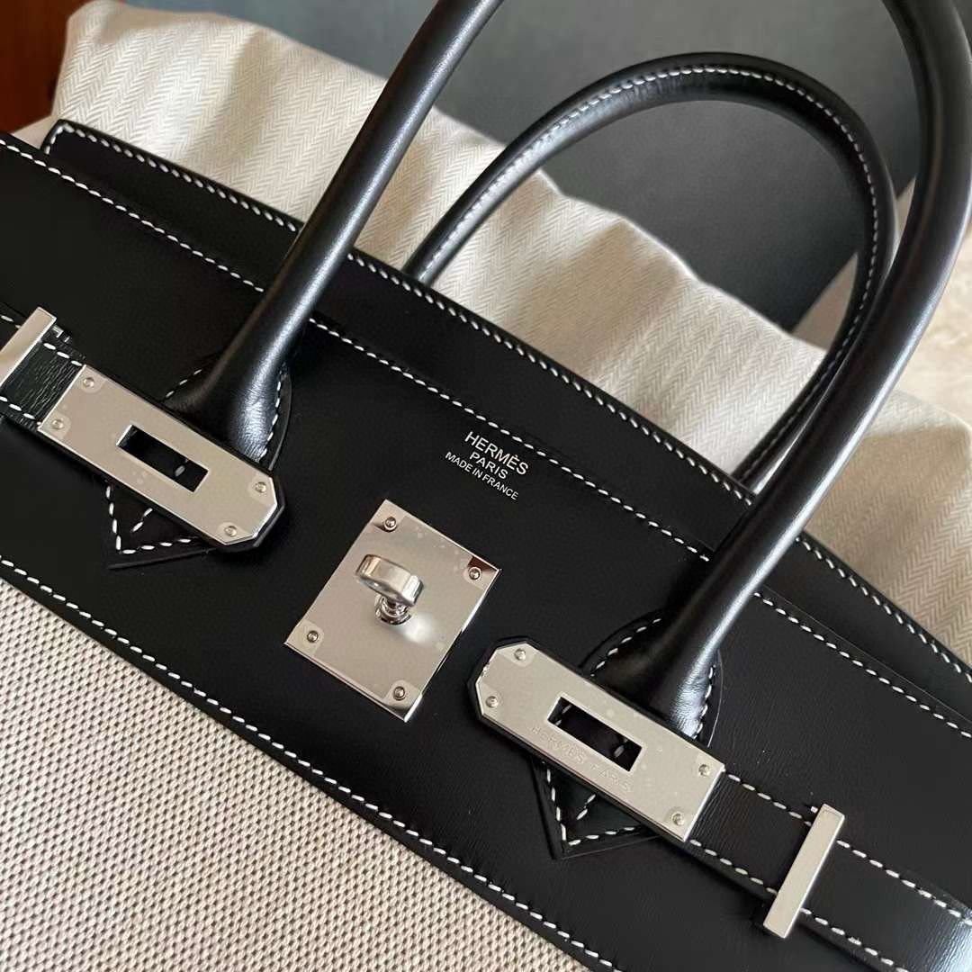 Hermes Birkin 30 Handmade Bag in Toile & Black Box Calfskin - Image 8