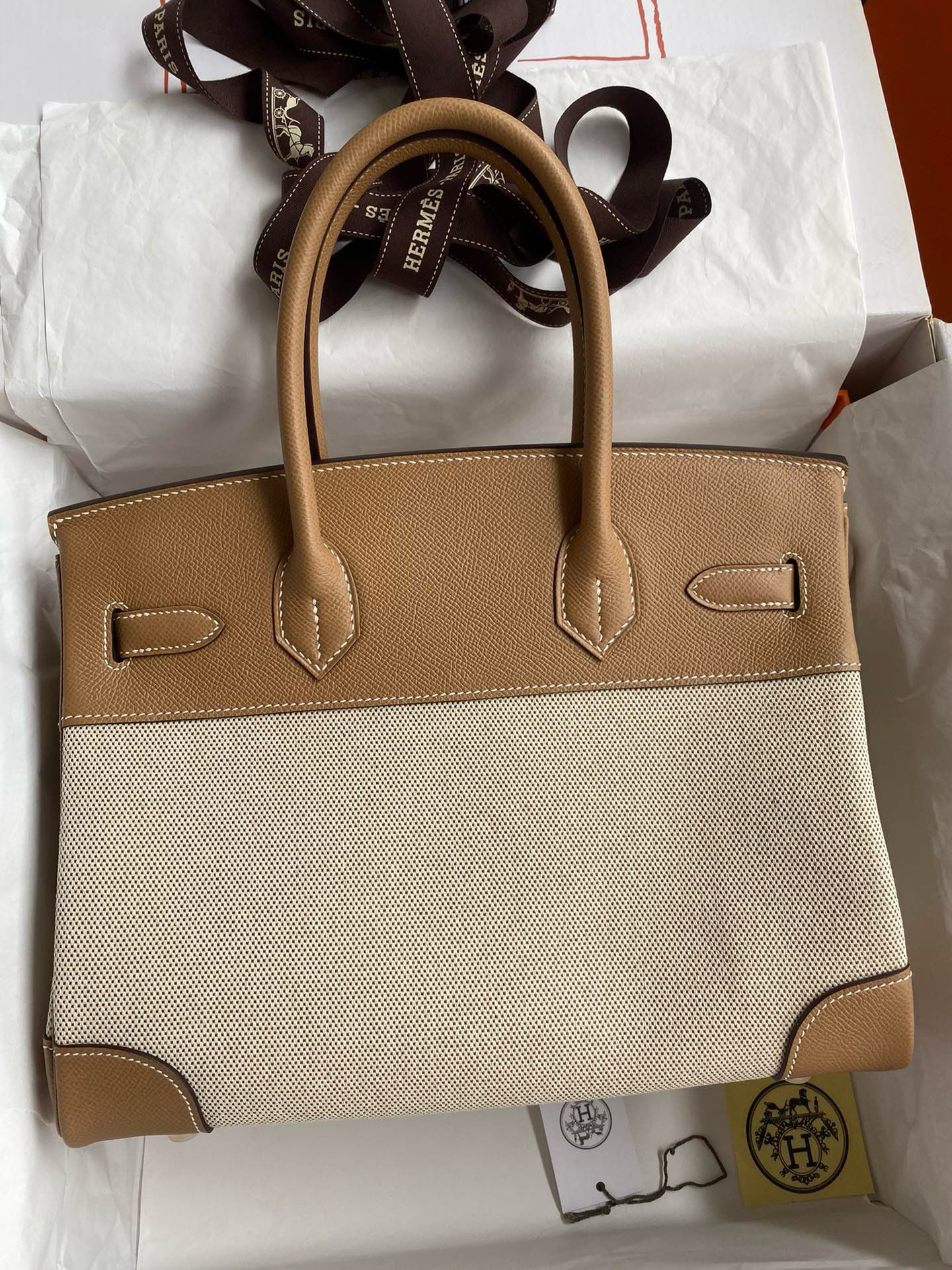Hermes Birkin 30 Handmade Bag In Toile & Chai Epsom Leather - Image 3