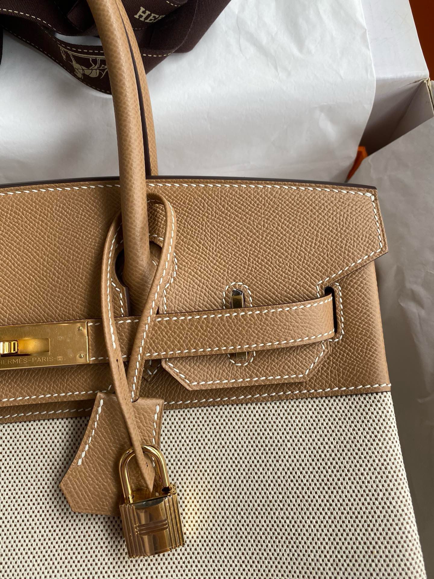 Hermes Birkin 30 Handmade Bag In Toile & Chai Epsom Leather - Image 4