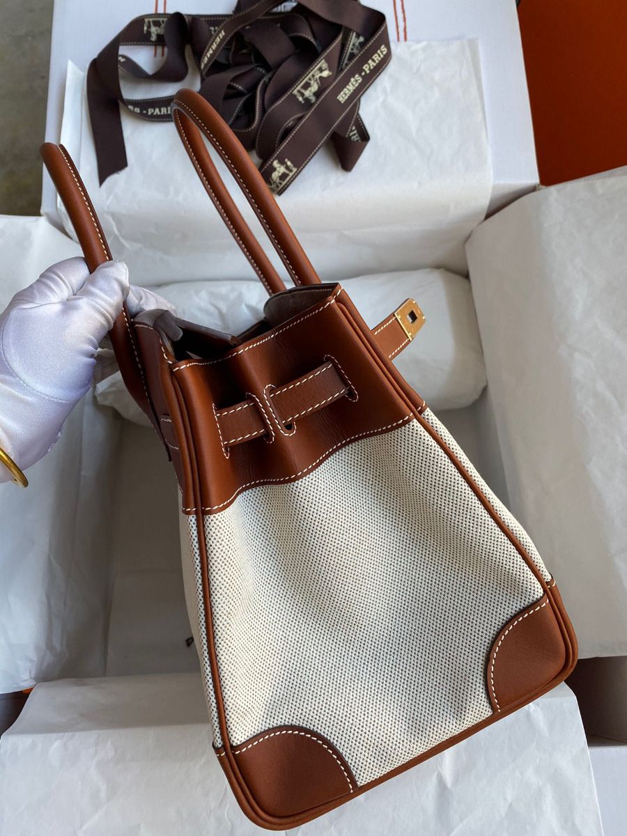 Hermes Birkin 30 Handmade Bag In Toile & Gold Swift Leather - Image 6