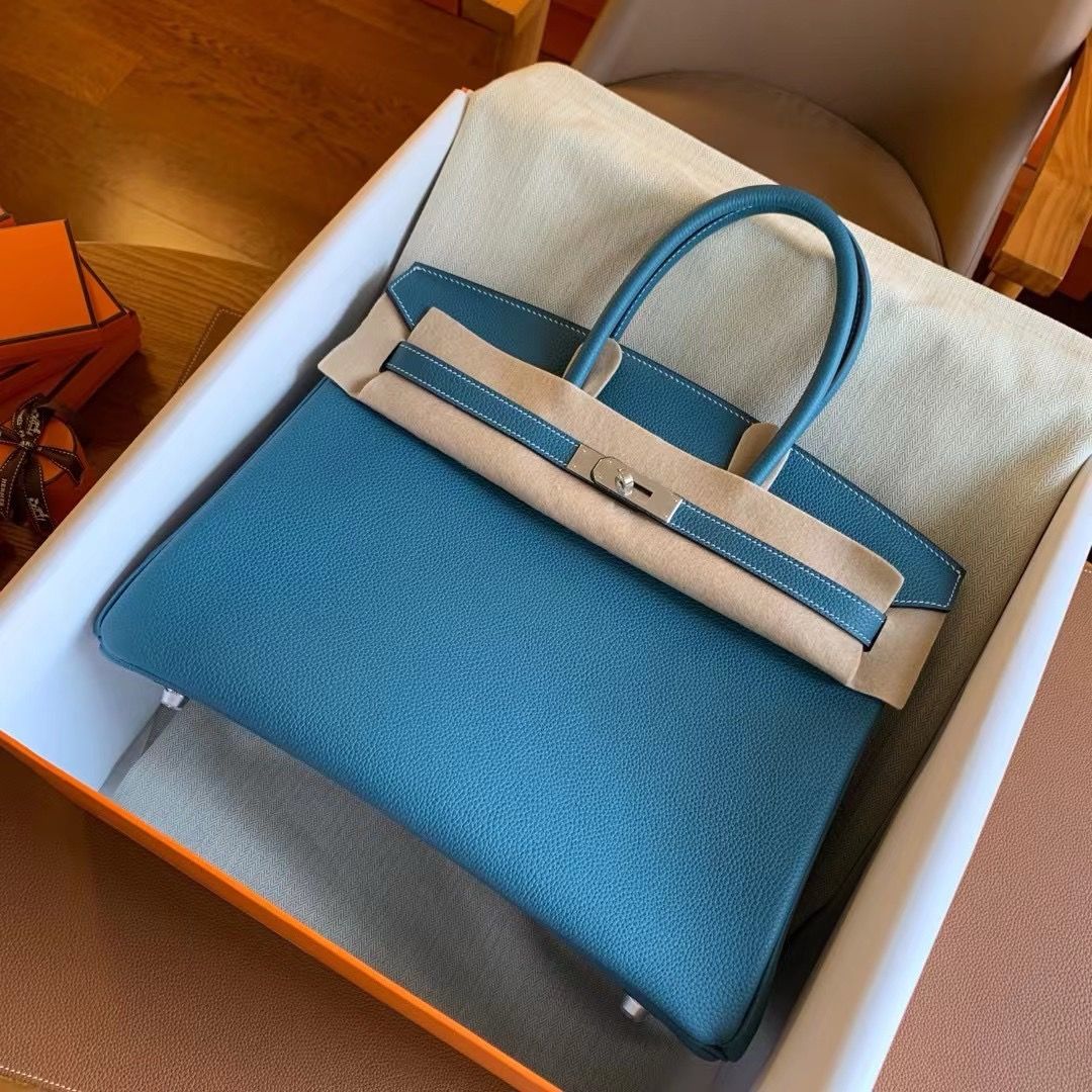 Hermes Birkin 35 Retourne Handmade Bag in Blue Jean Clemence Leather - Image 3